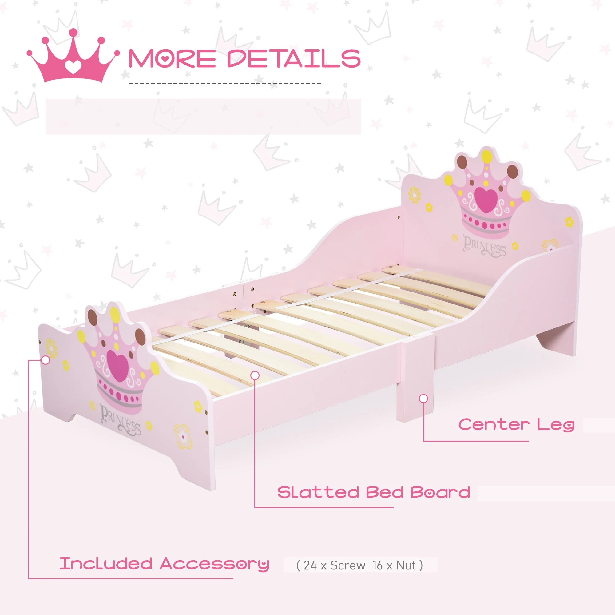 Kids Toddler Bed Princess Crown Theme Safety Side Rails Slats Home Bedroom Furniture Boys Girls 3-6 Yrs Pink 143 x 73 x 60 cm - Image 4
