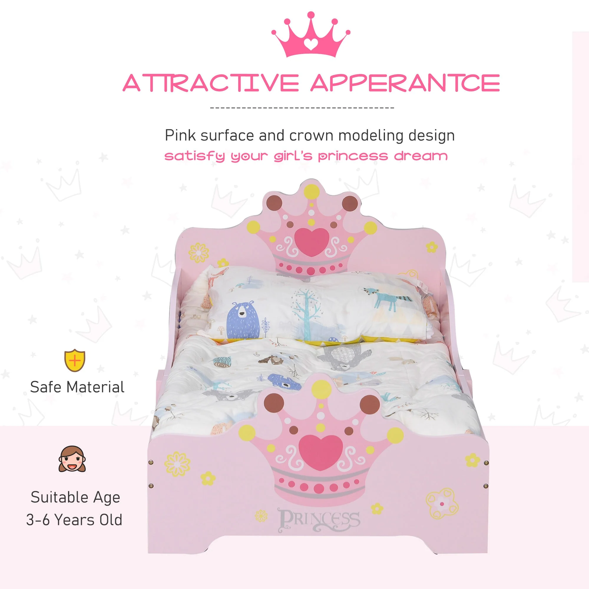 Kids Toddler Bed Princess Crown Theme Safety Side Rails Slats Home Bedroom Furniture Boys Girls 3-6 Yrs Pink 143 x 73 x 60 cm - Image 6