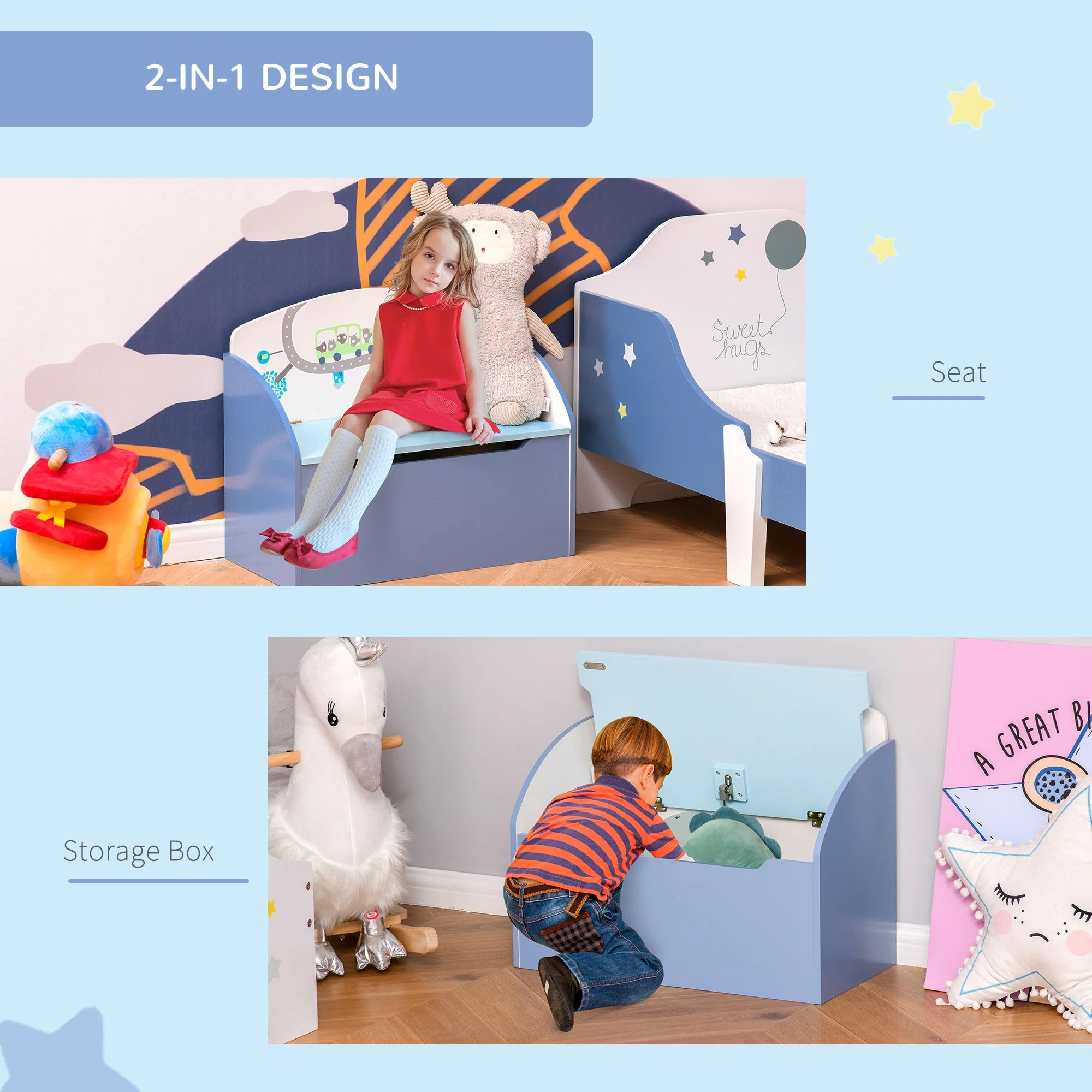 Kids Two-In-One Toy Storage Box and Seat – Blue - Image 5