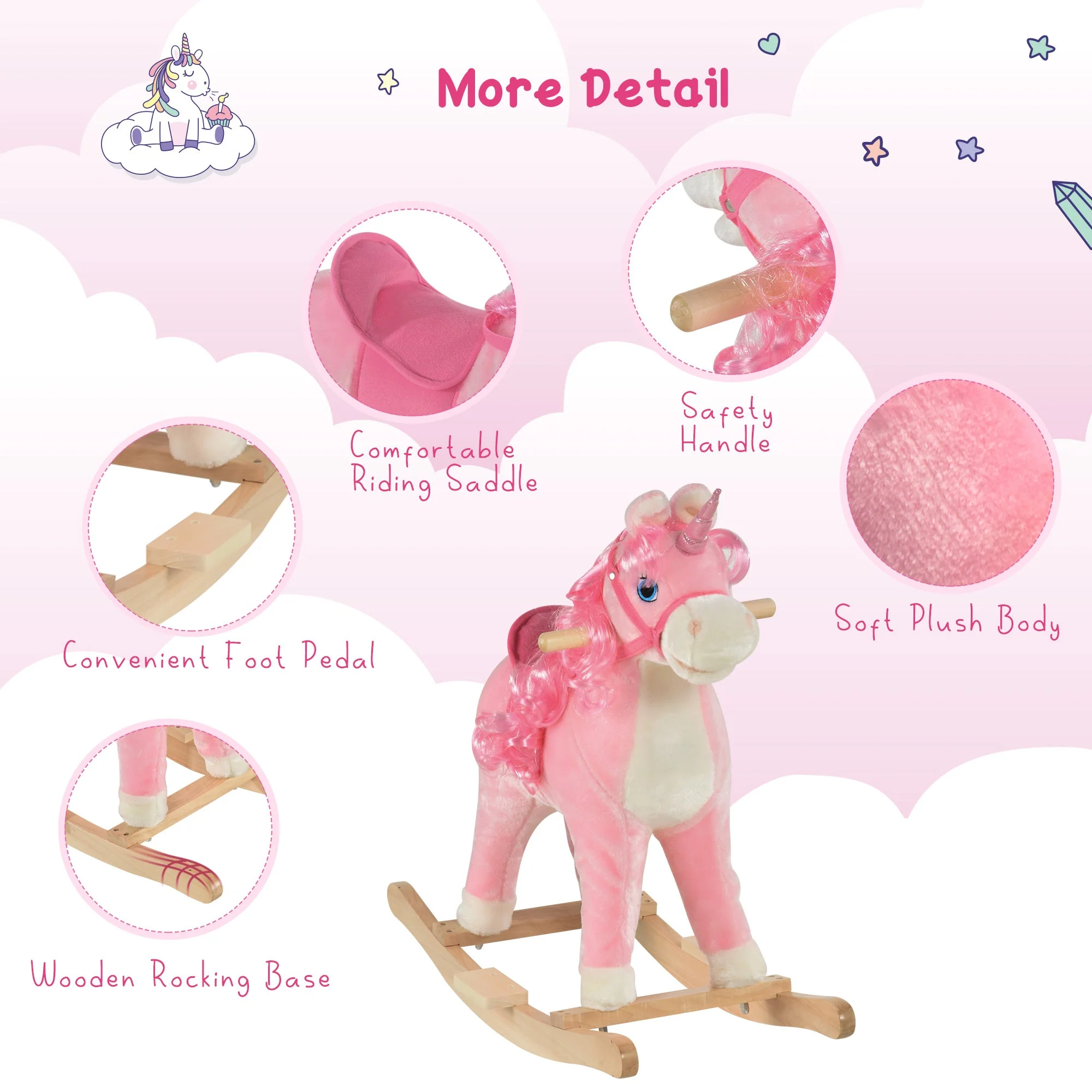 Kids Unicorn Plush Rocking Ride On w/ Sound Pink - Image 4