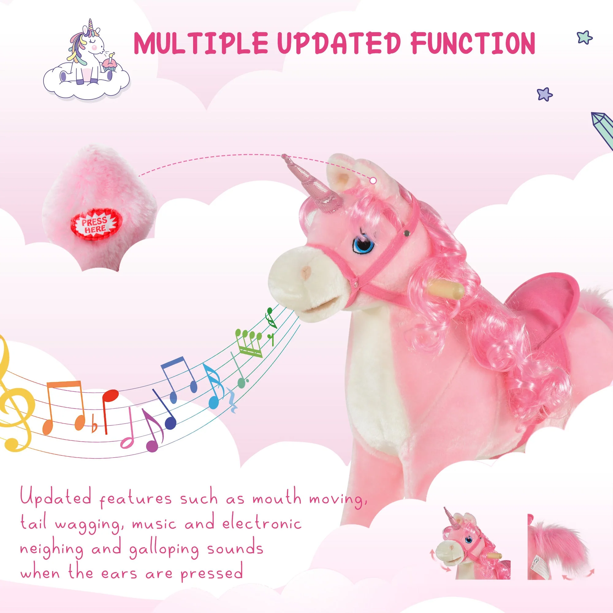 Kids Unicorn Plush Rocking Ride On w/ Sound Pink - Image 5