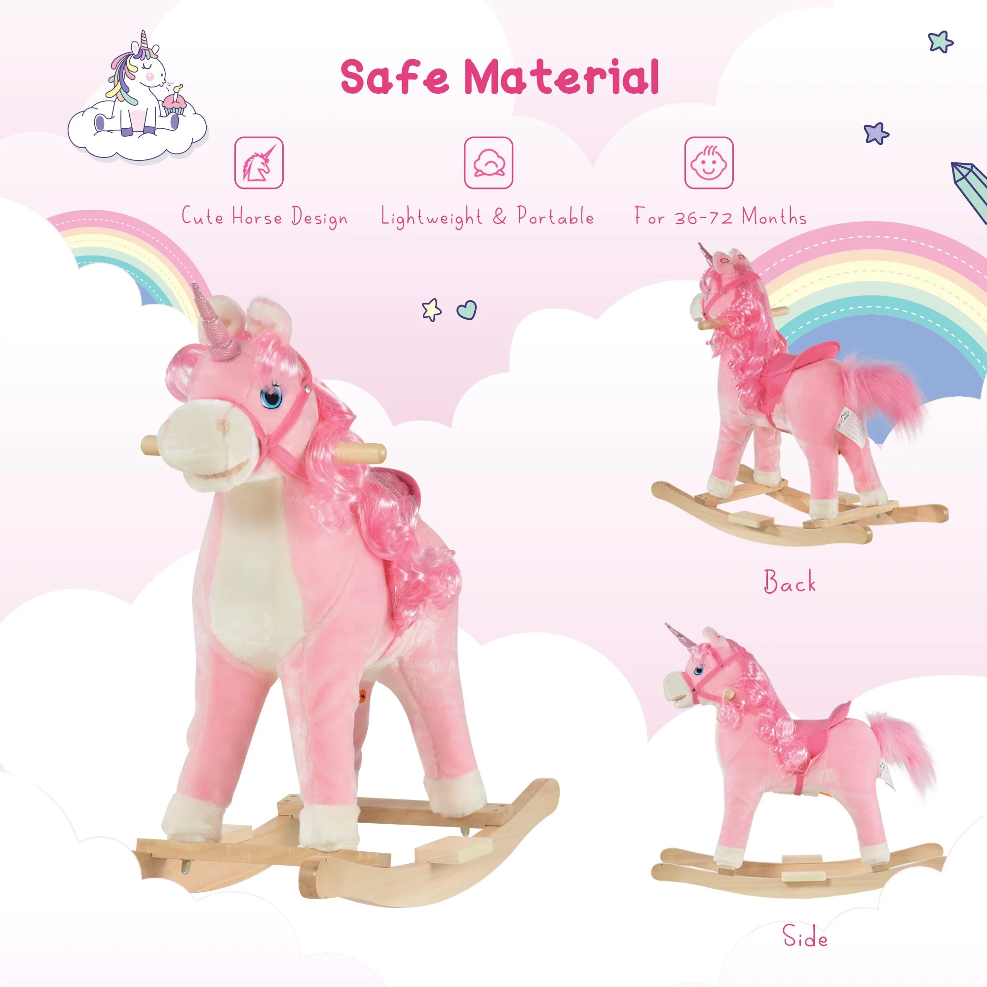 Kids Unicorn Plush Rocking Ride On w/ Sound Pink - Image 7