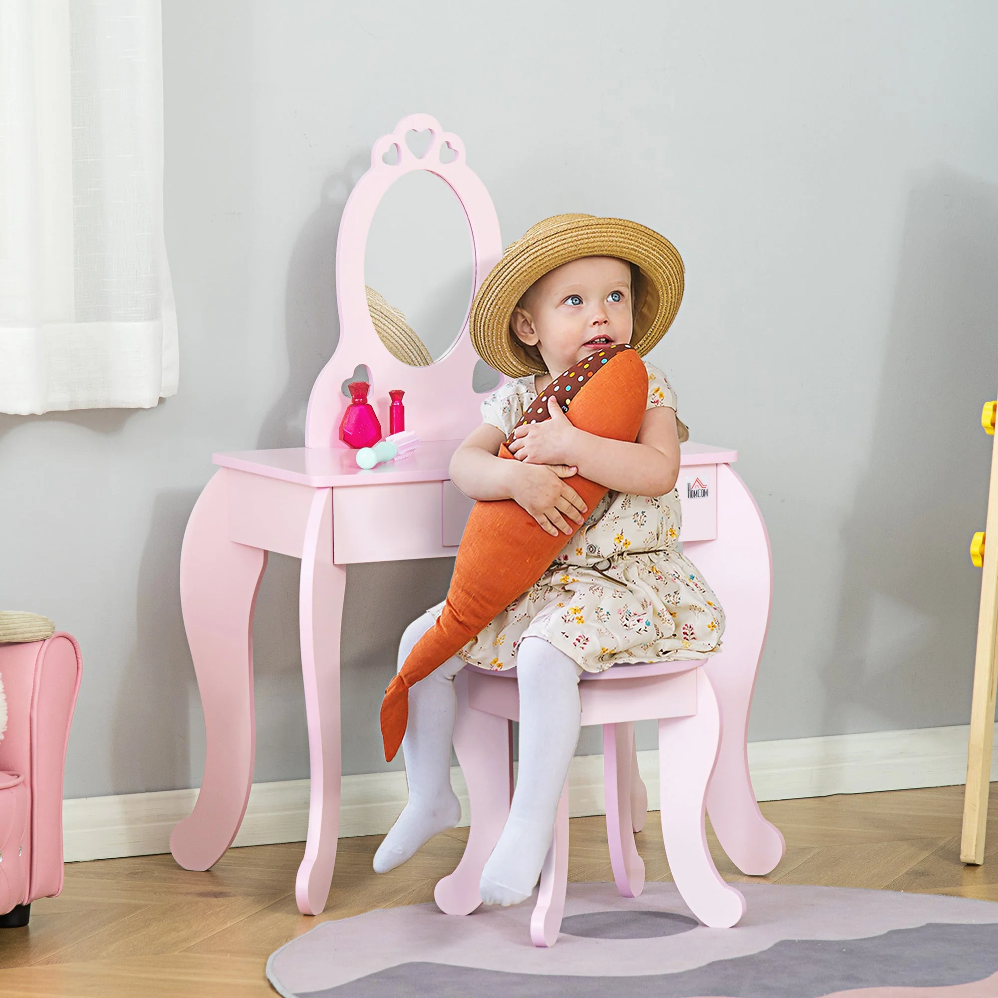 Kids Vanity Table & Stool Girls Dressing Set Make Up Desk Chair Dresser Play Set with Mirror Pink - Image 2