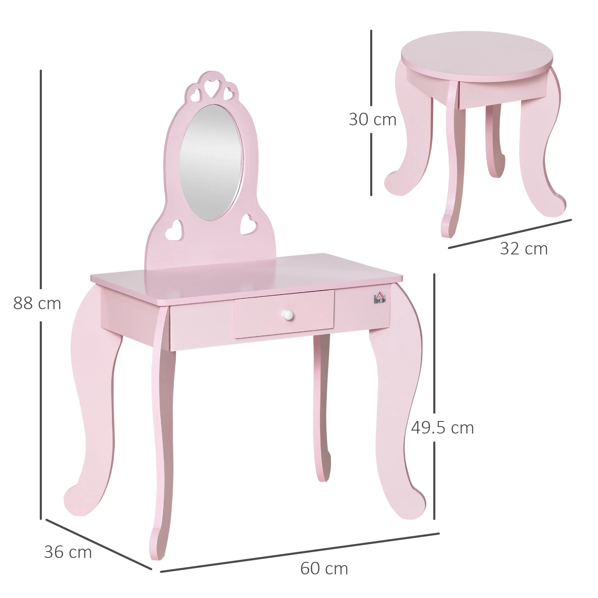 Kids Vanity Table & Stool Girls Dressing Set Make Up Desk Chair Dresser Play Set with Mirror Pink - Image 3