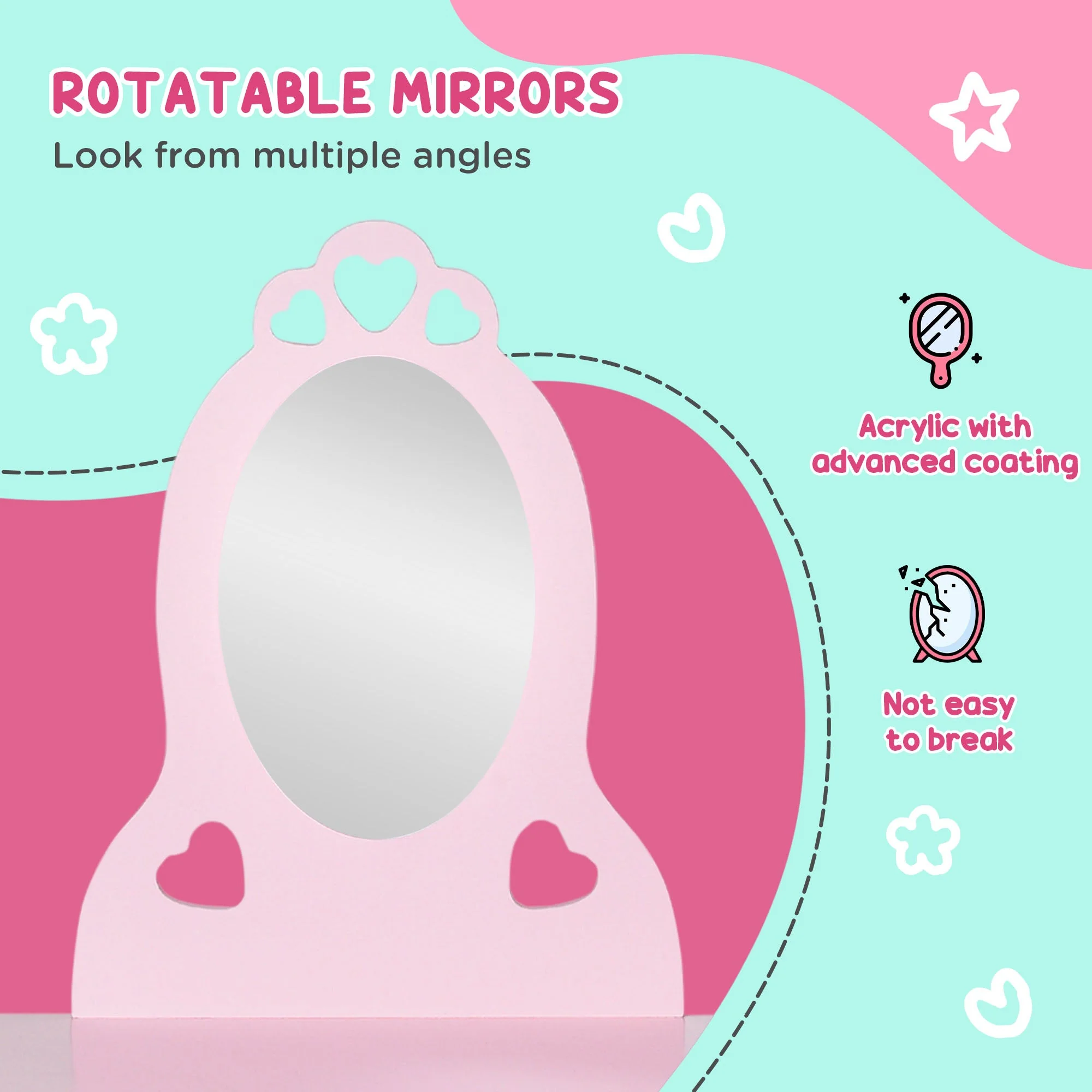 Kids Vanity Table & Stool Girls Dressing Set Make Up Desk Chair Dresser Play Set with Mirror Pink - Image 4