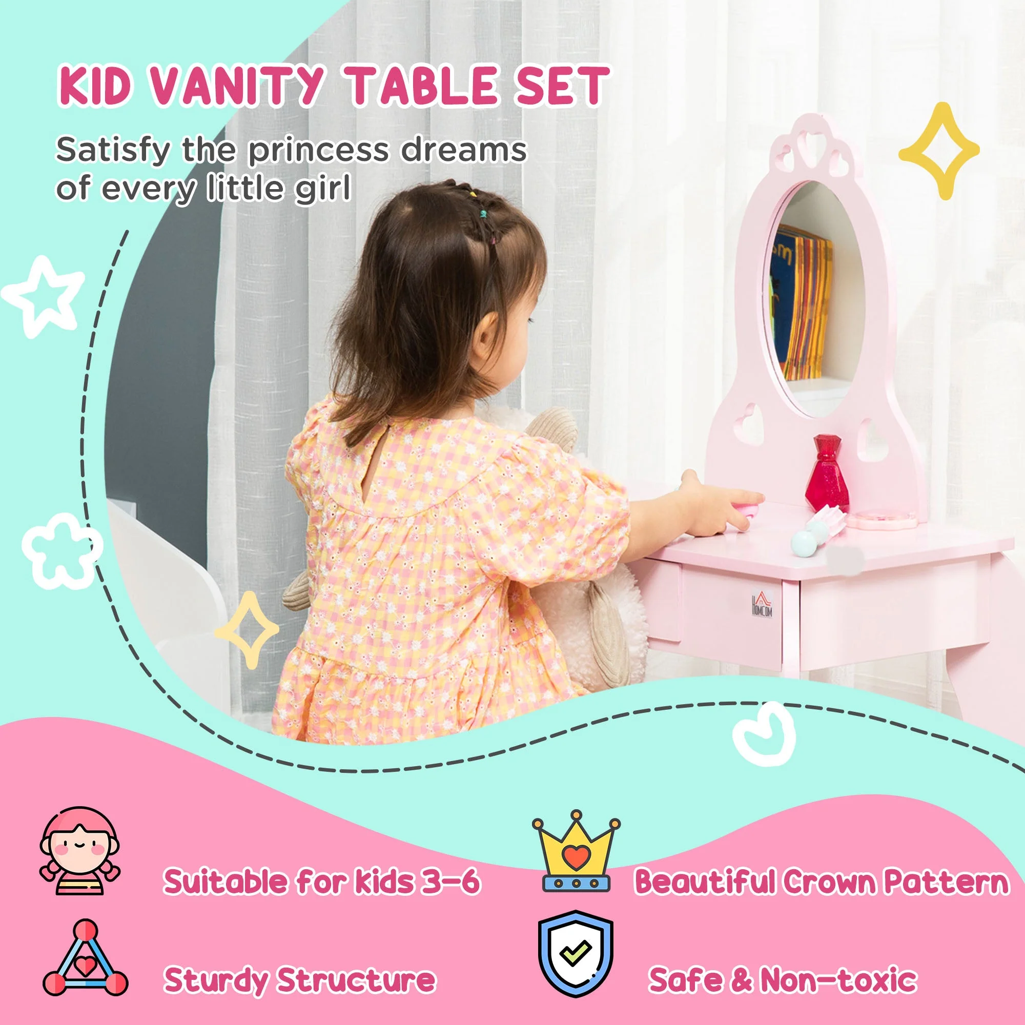 Kids Vanity Table & Stool Girls Dressing Set Make Up Desk Chair Dresser Play Set with Mirror Pink - Image 5