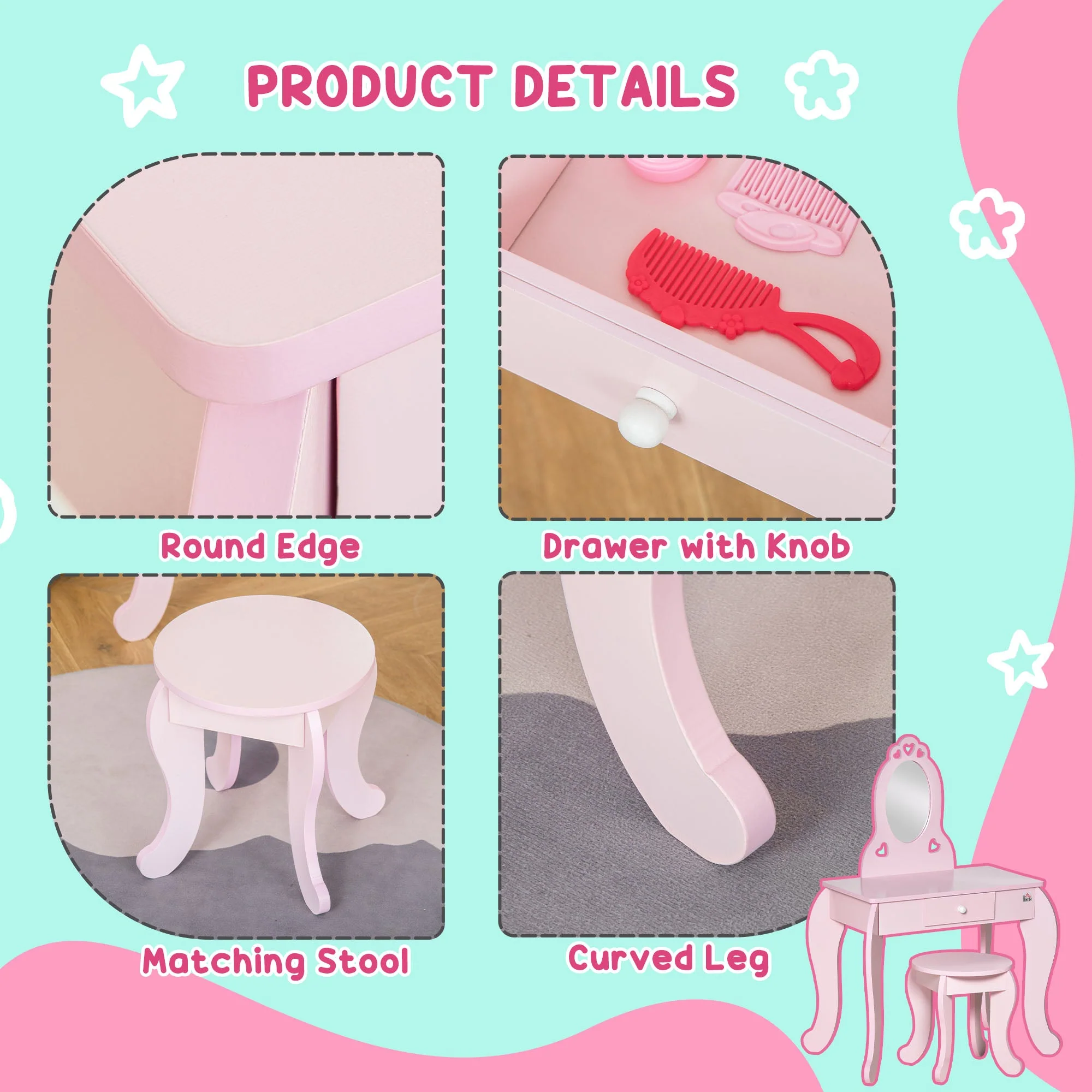 Kids Vanity Table & Stool Girls Dressing Set Make Up Desk Chair Dresser Play Set with Mirror Pink - Image 6