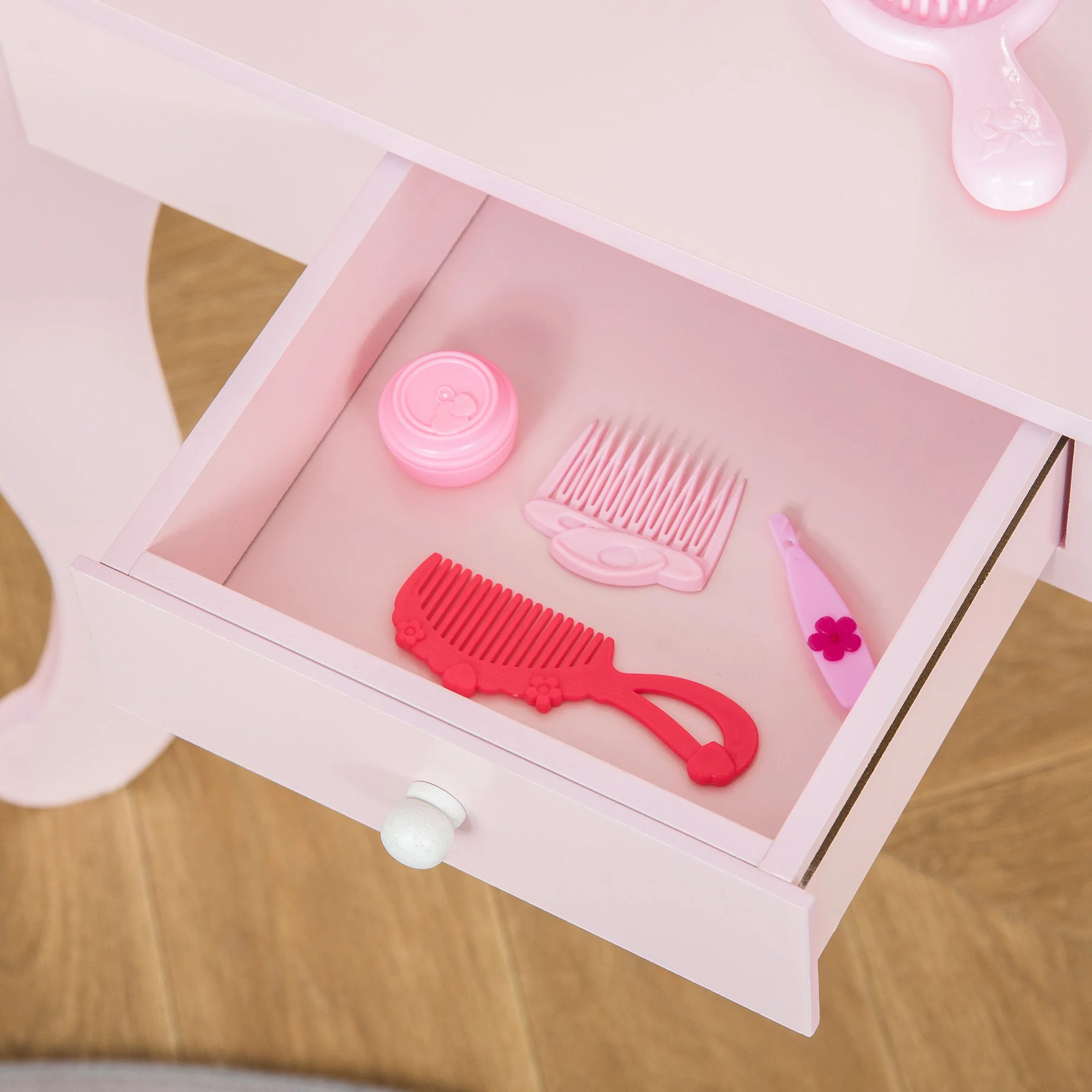 Kids Vanity Table & Stool Girls Dressing Set Make Up Desk Chair Dresser Play Set with Mirror Pink - Image 7