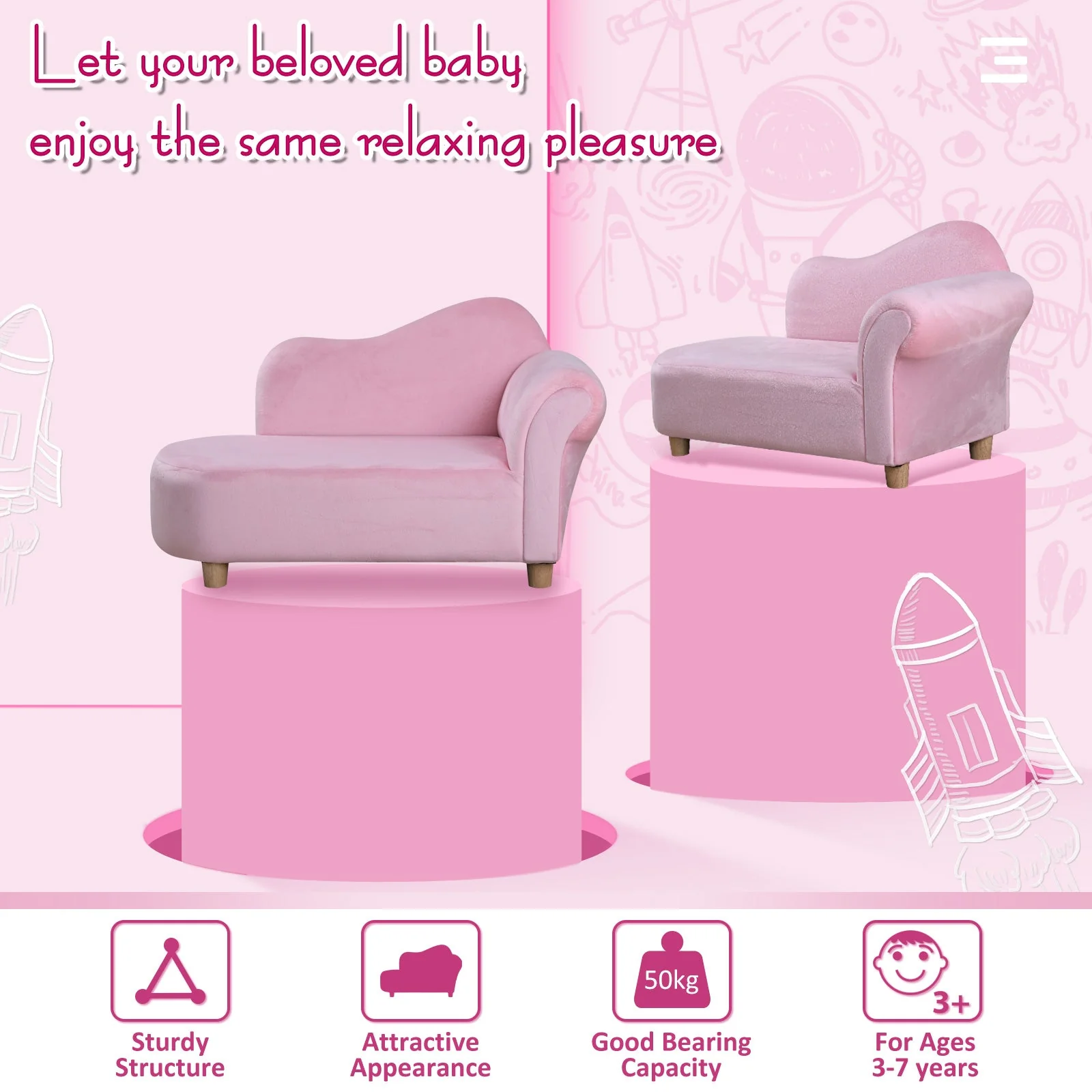 Kids Velvet-Like Chaise Lounge Pink - Image 5