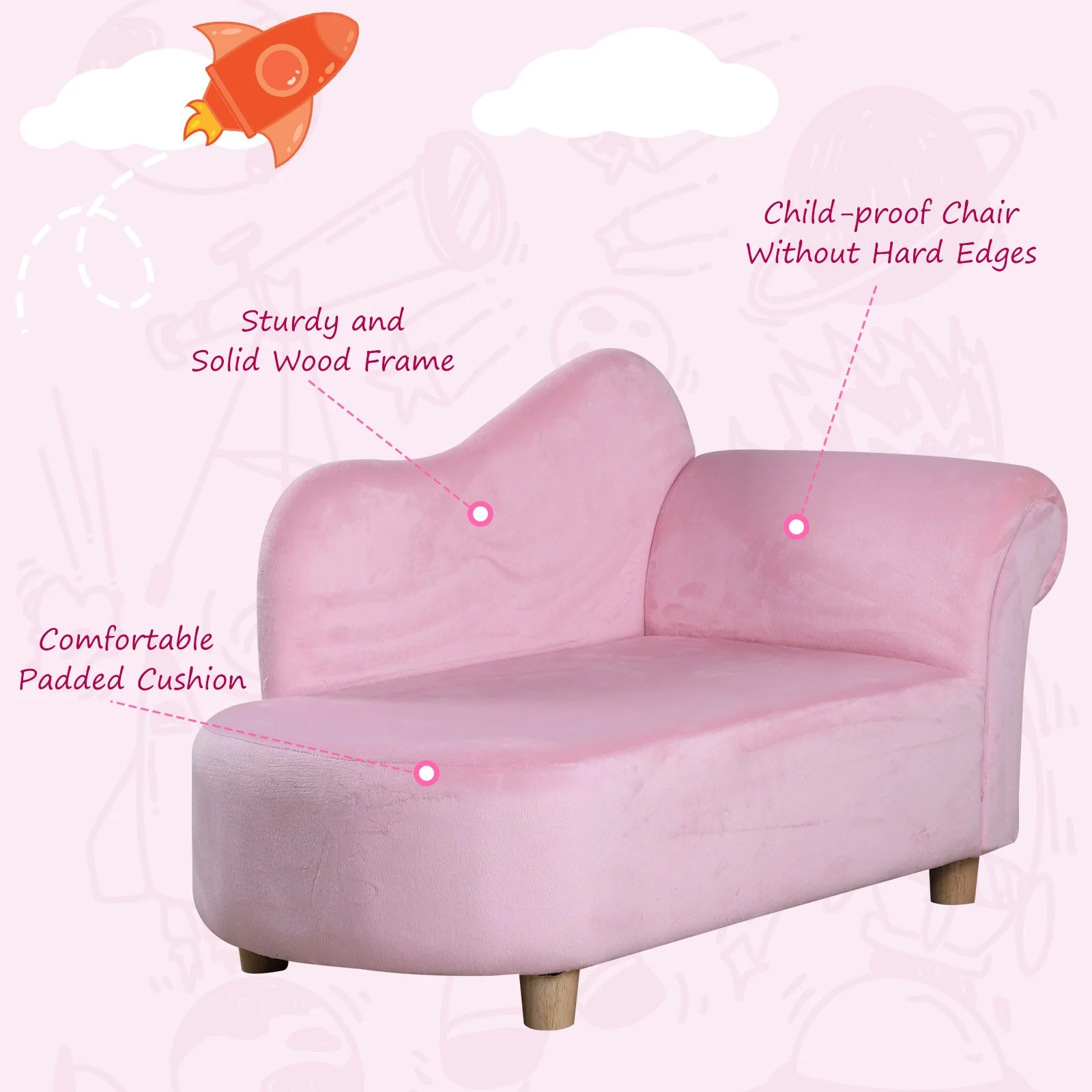 Kids Velvet-Like Chaise Lounge Pink - Image 6