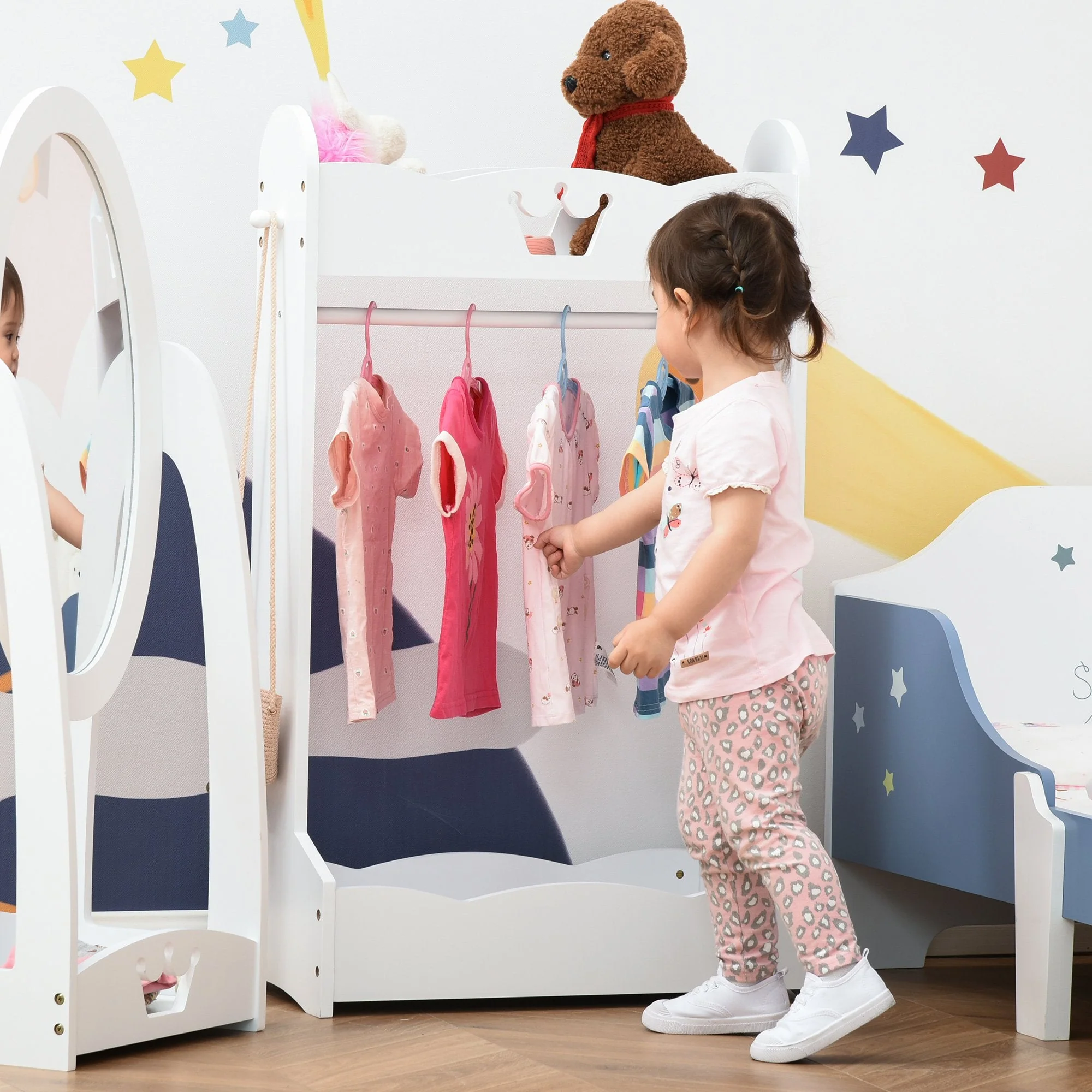 Kids Wood Clothes Rack Hall Tree with Storage Shelves Freestanding Wardrobe - Image 2