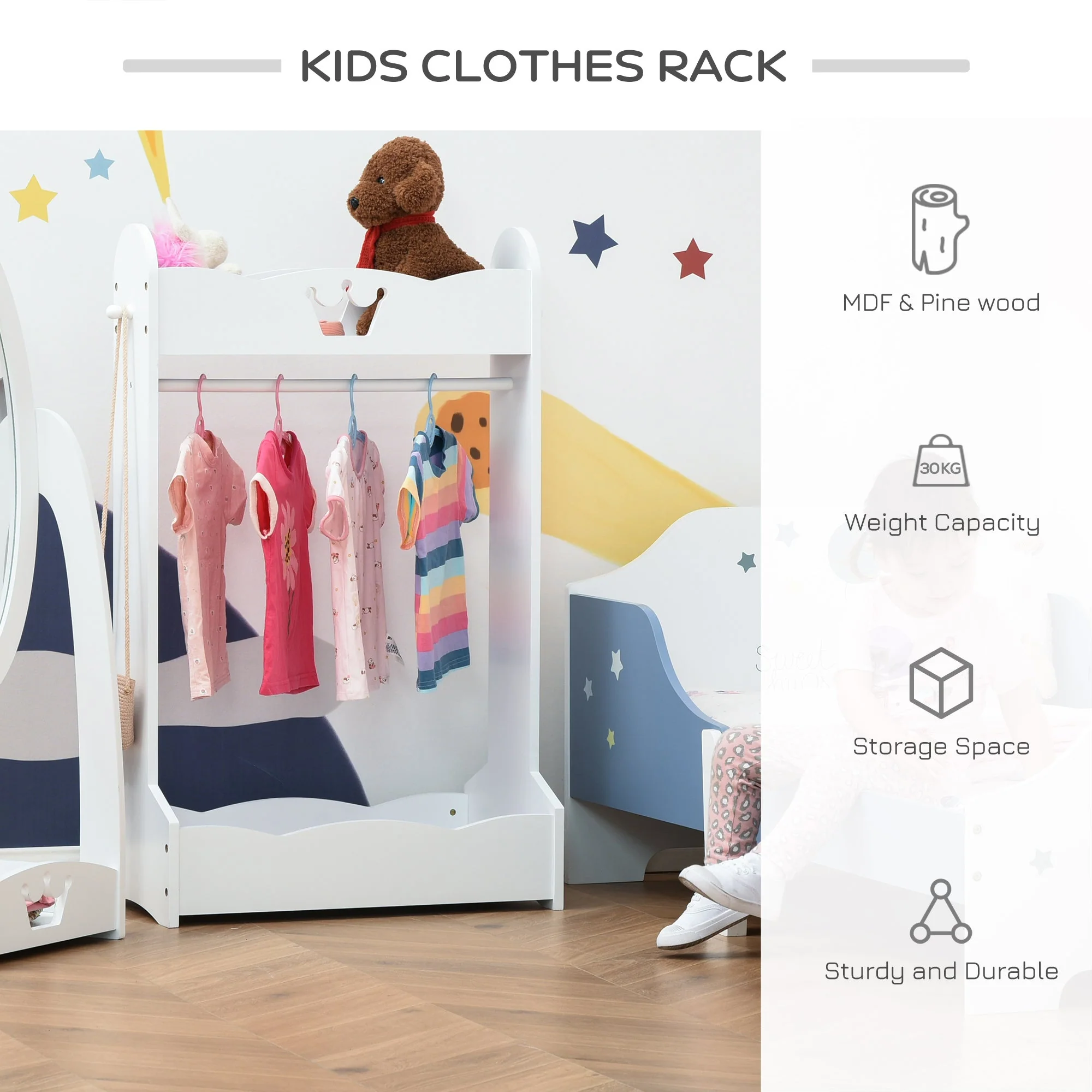 Kids Wood Clothes Rack Hall Tree with Storage Shelves Freestanding Wardrobe - Image 4