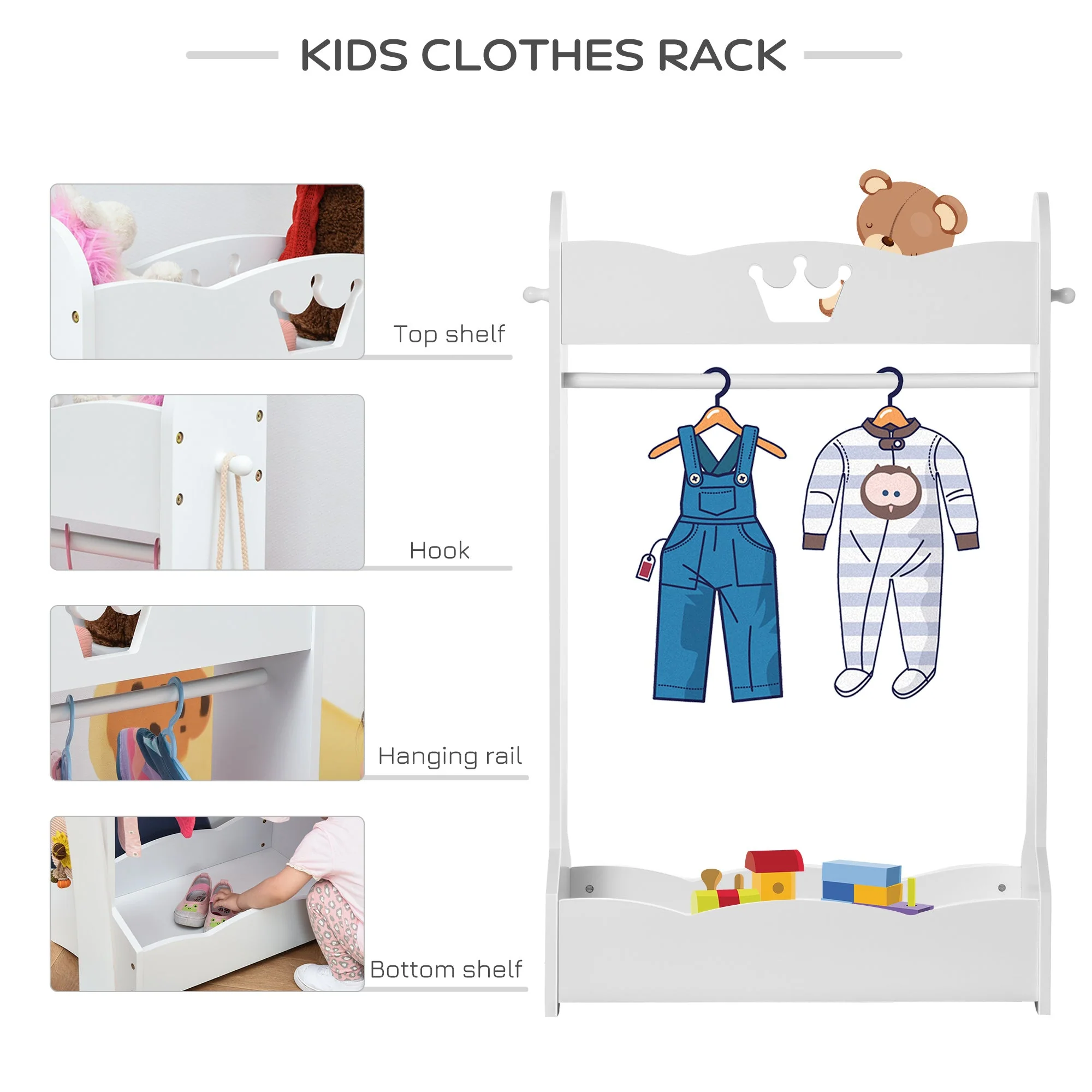 Kids Wood Clothes Rack Hall Tree with Storage Shelves Freestanding Wardrobe - Image 5