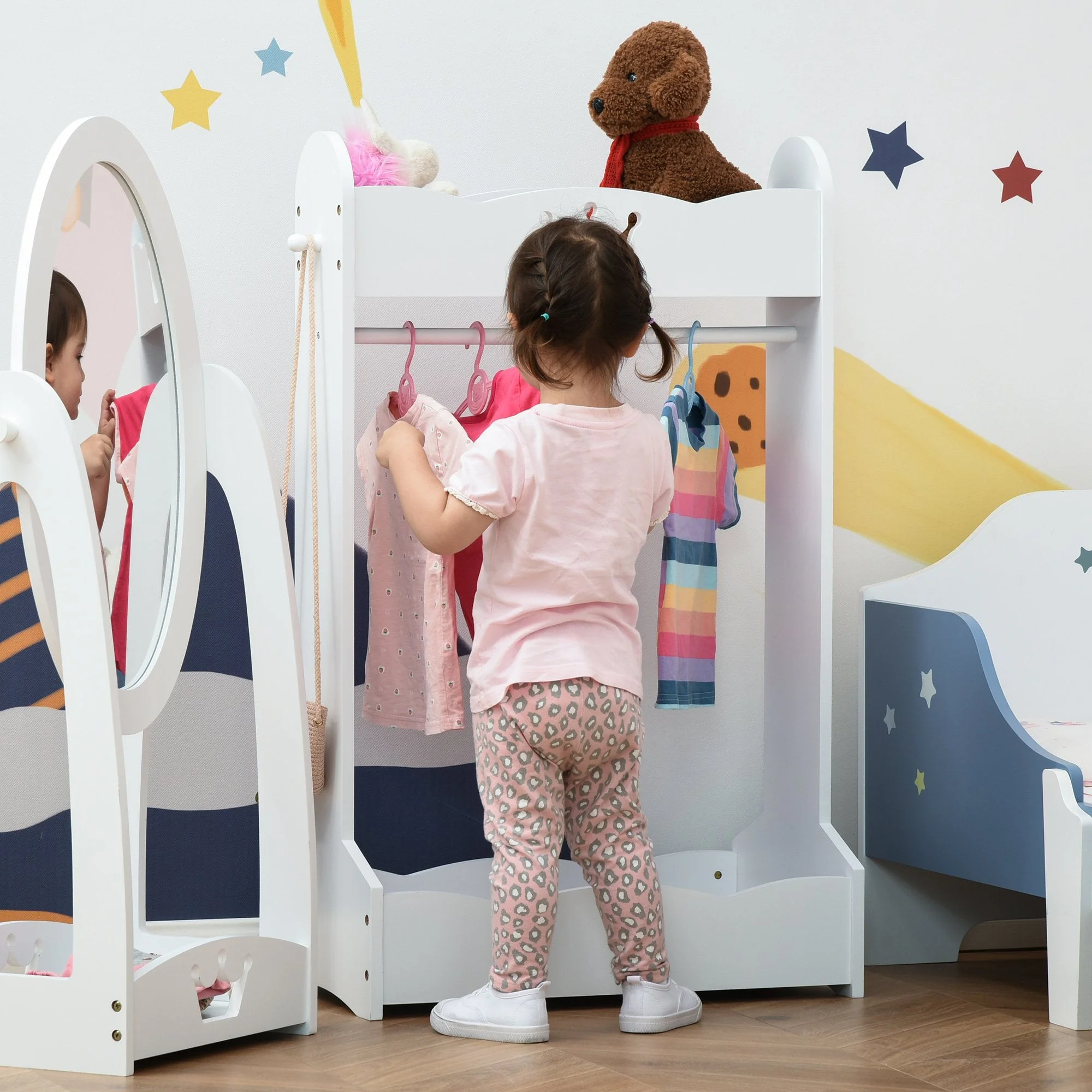 Kids Wood Clothes Rack Hall Tree with Storage Shelves Freestanding Wardrobe - Image 7