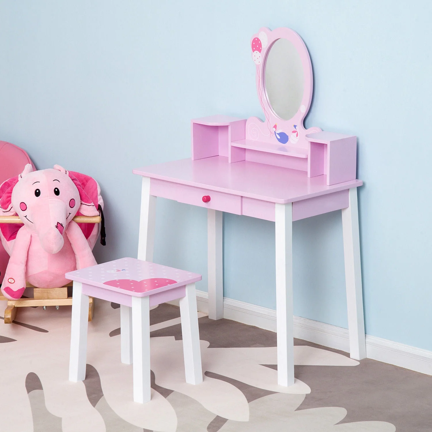 Kids Wooden Dressing Table and Stool Make Up Desk Pink - Image 2