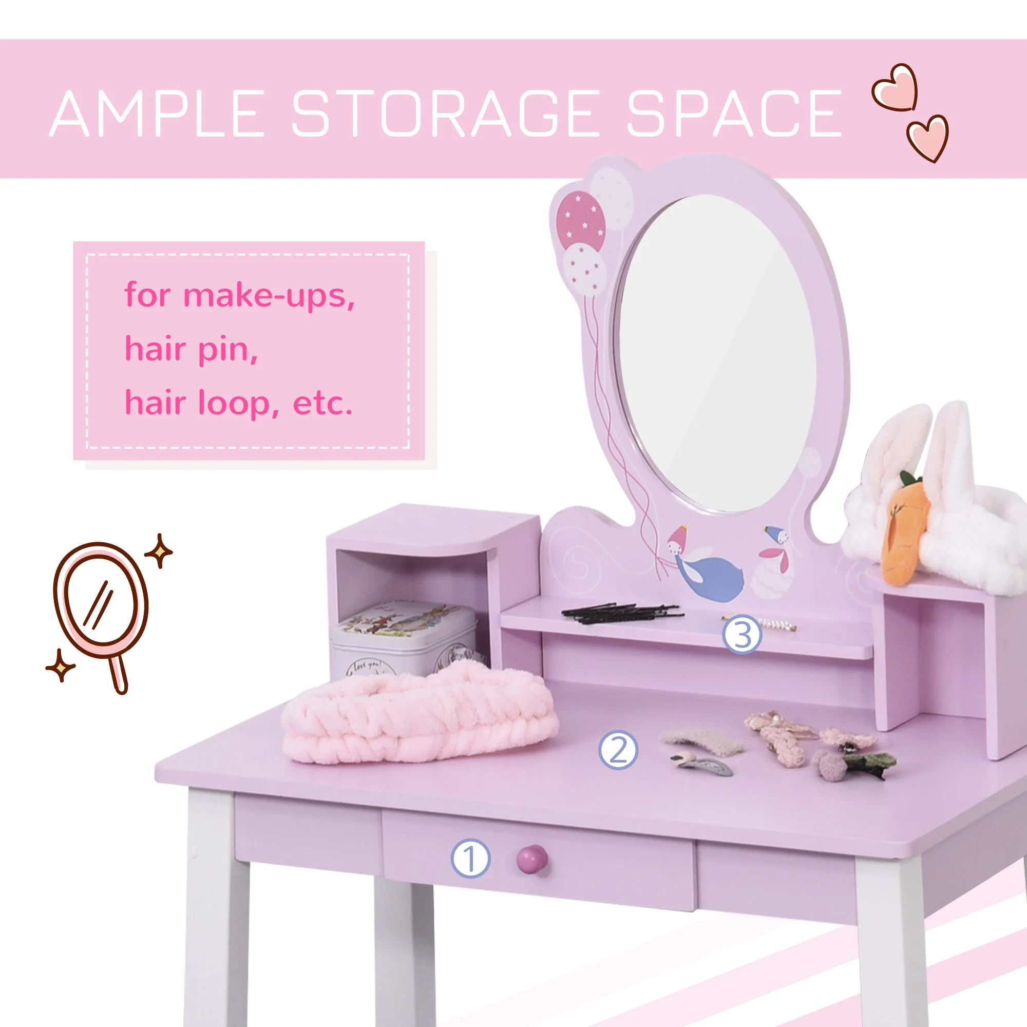 Kids Wooden Dressing Table and Stool Make Up Desk Pink - Image 4