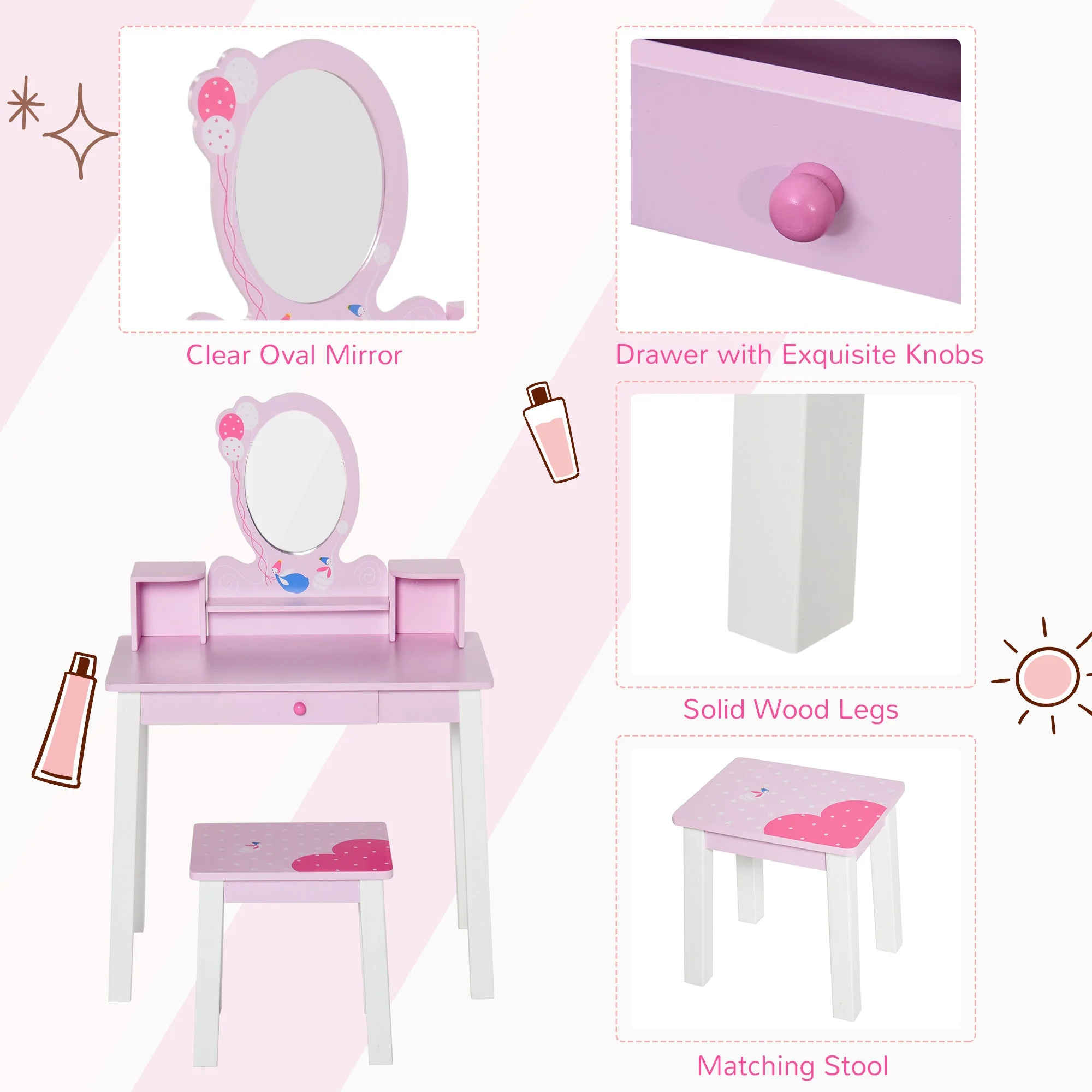 Kids Wooden Dressing Table and Stool Make Up Desk Pink - Image 5