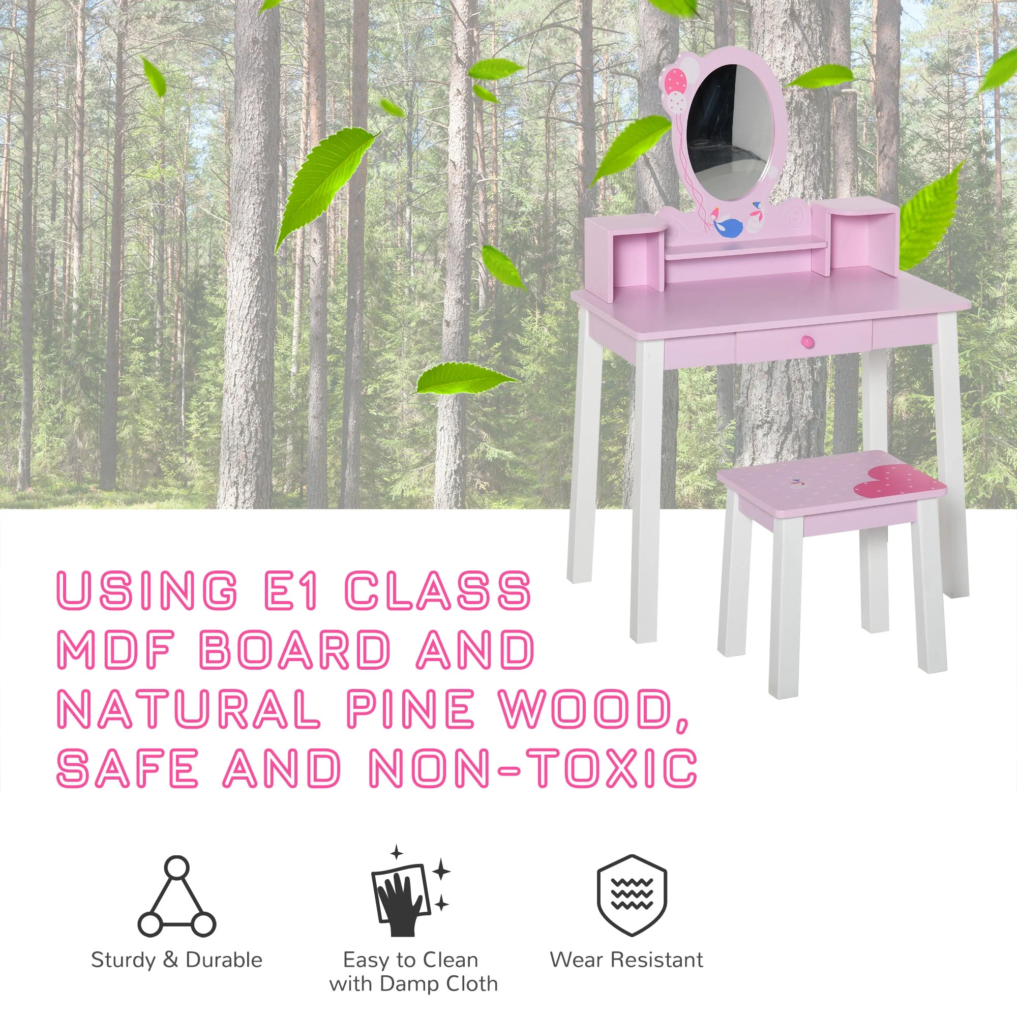 Kids Wooden Dressing Table and Stool Make Up Desk Pink - Image 7