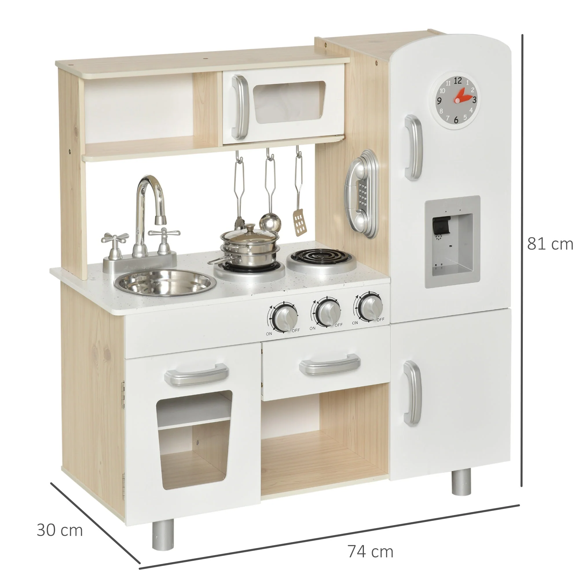 Kids Wooden Pretend Play Toy Kitchen Cooking Set Role Play Phone for Boys Girls White - Image 3