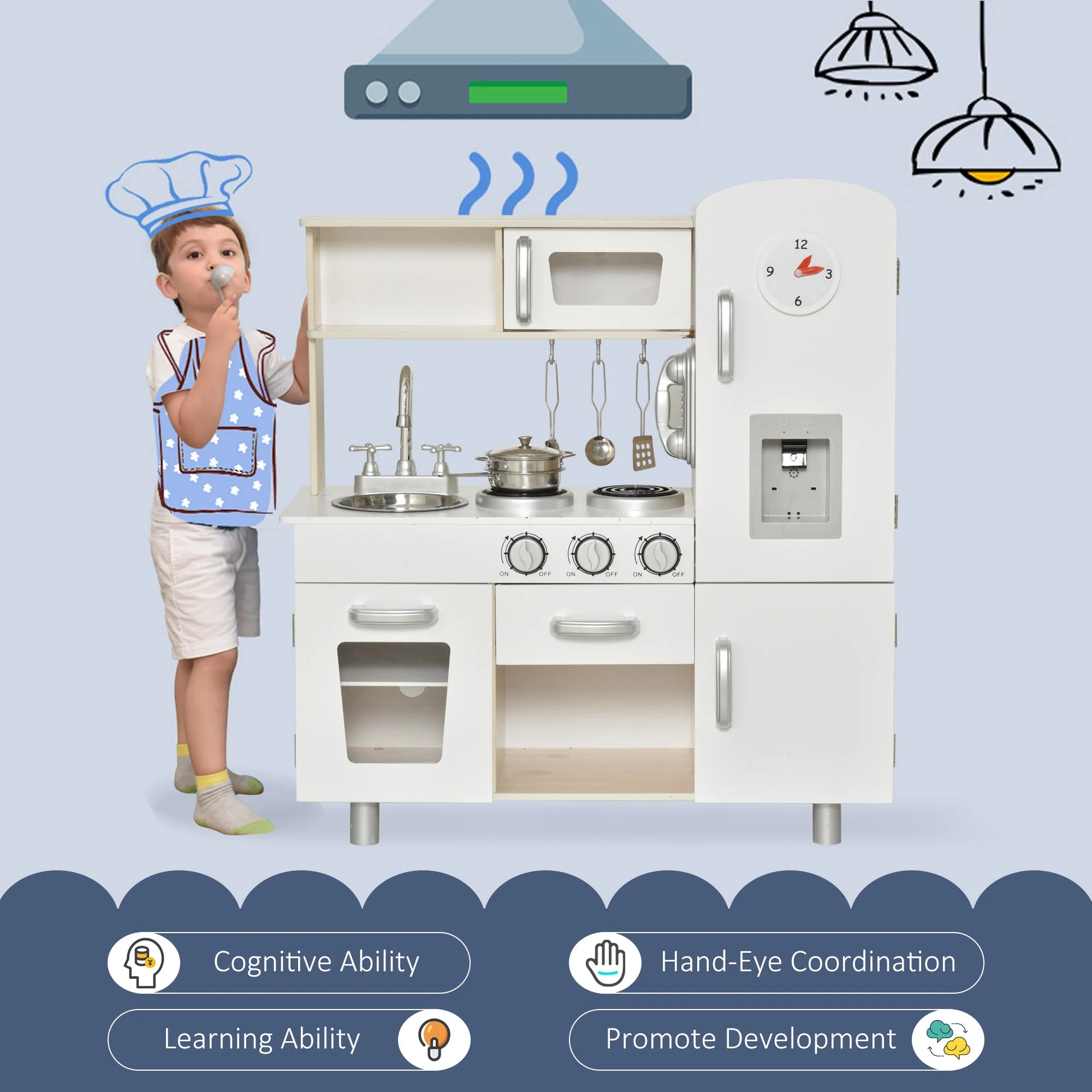Kids Wooden Pretend Play Toy Kitchen Cooking Set Role Play Phone for Boys Girls White - Image 4