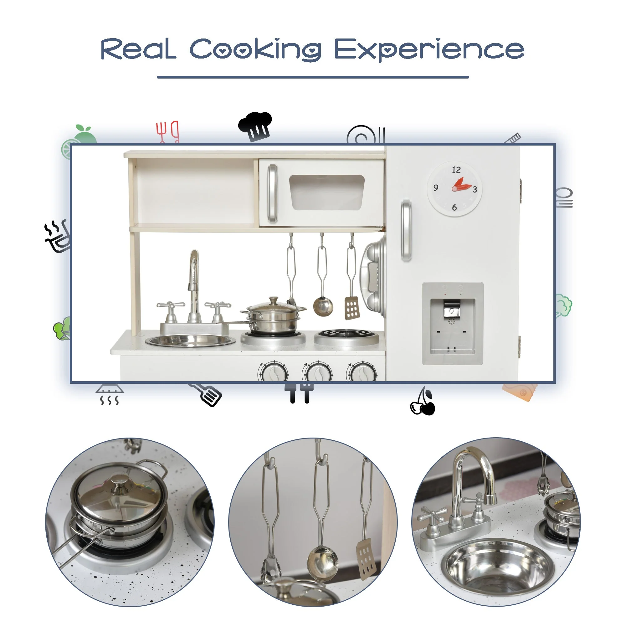 Kids Wooden Pretend Play Toy Kitchen Cooking Set Role Play Phone for Boys Girls White - Image 6