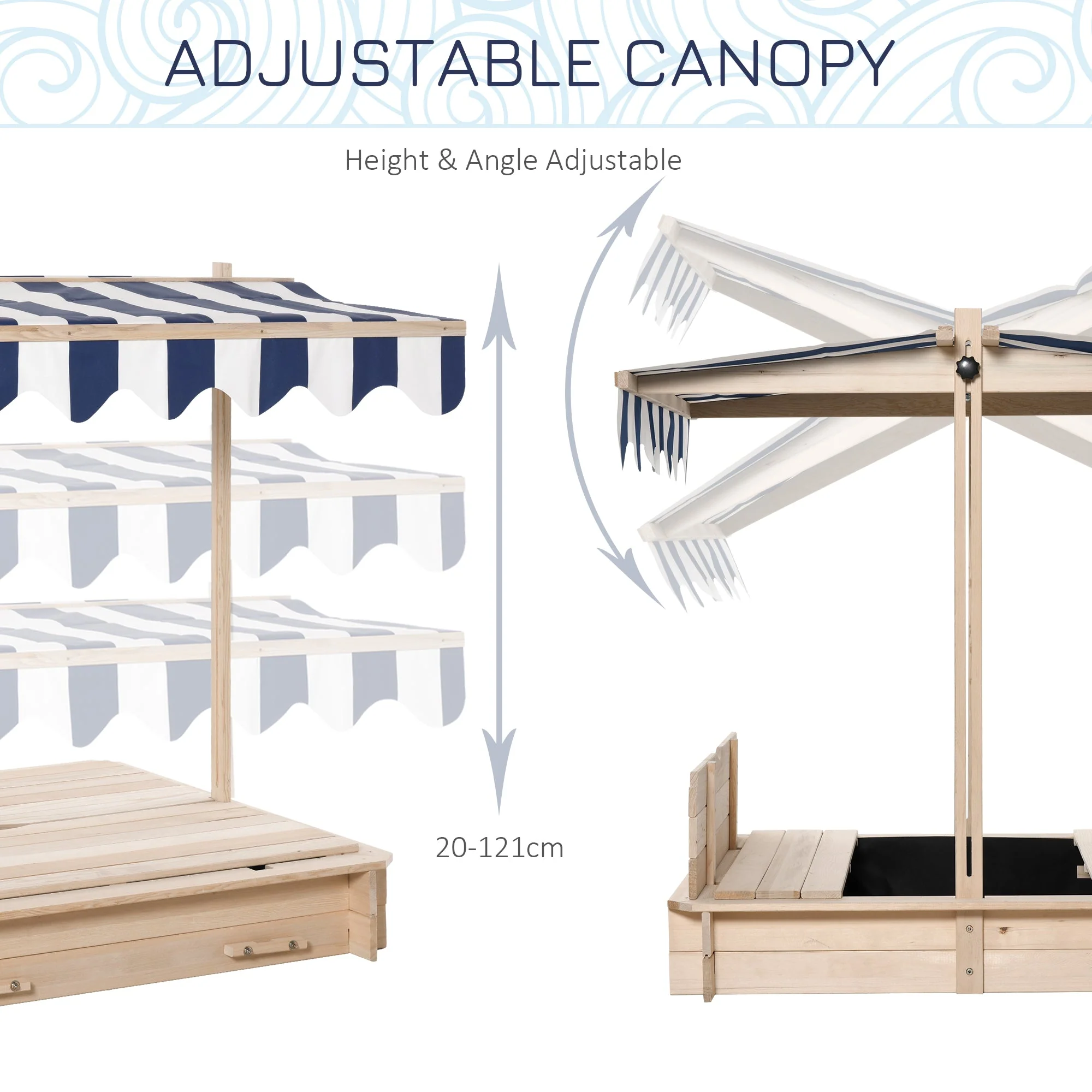 Kids Wooden Sand Pit with Lids Children Sandbox Height Adjustable Canopy for Garden - Image 4