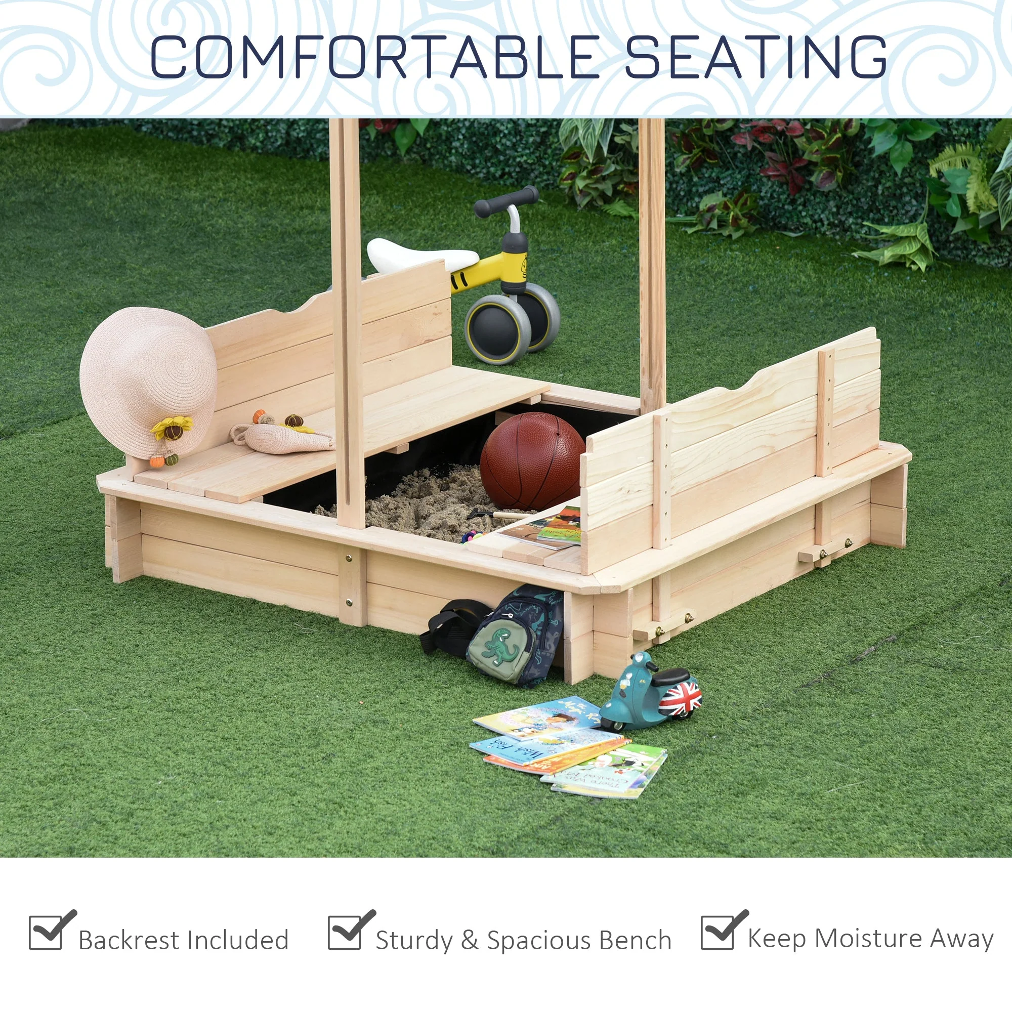 Kids Wooden Sand Pit with Lids Children Sandbox Height Adjustable Canopy for Garden - Image 6