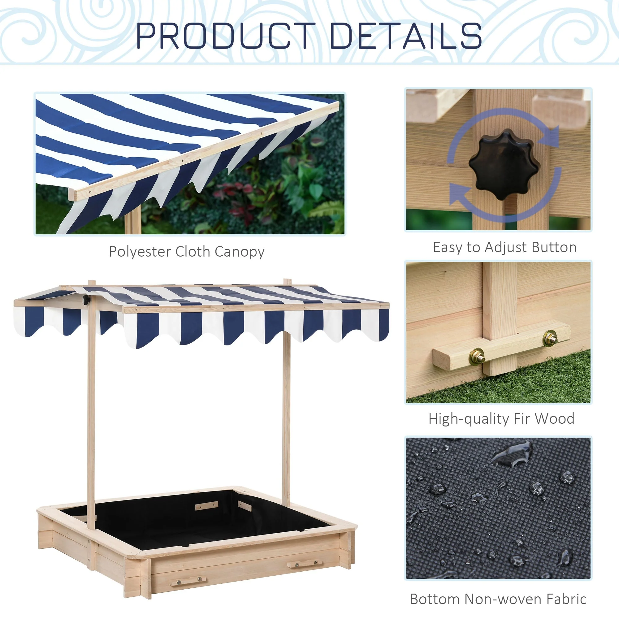 Kids Wooden Sand Pit with Lids Children Sandbox Height Adjustable Canopy for Garden - Image 7
