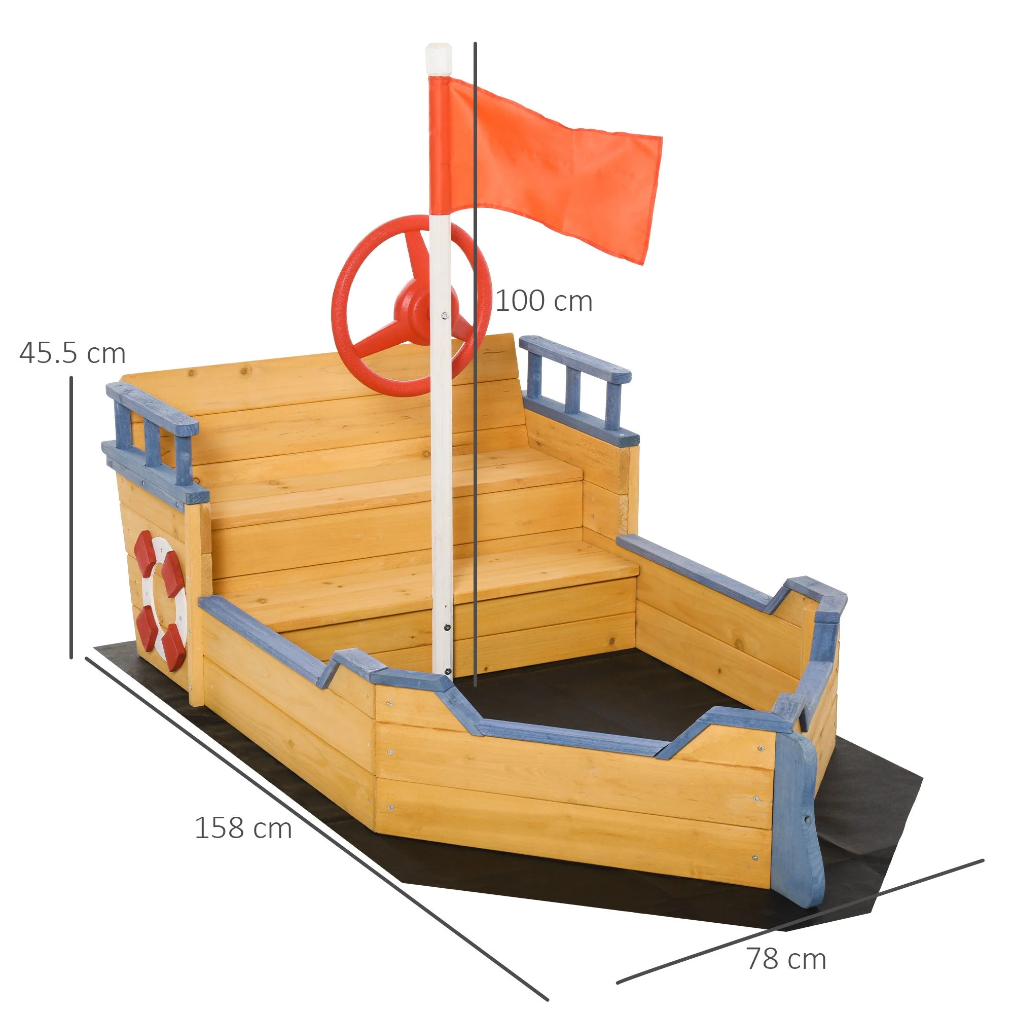Kids Wooden Sandbox Pirate Ship Sandboat w/ Bench Seat Storage Space Cedar Wood - Image 2