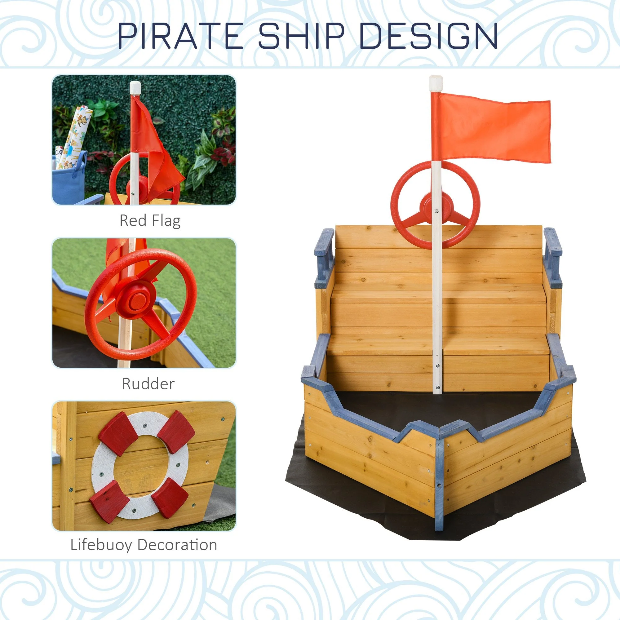 Kids Wooden Sandbox Pirate Ship Sandboat w/ Bench Seat Storage Space Cedar Wood - Image 3