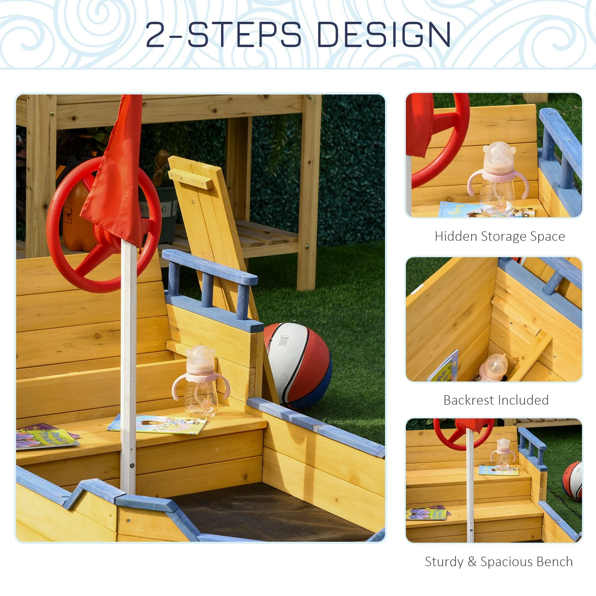 Kids Wooden Sandbox Pirate Ship Sandboat w/ Bench Seat Storage Space Cedar Wood - Image 4