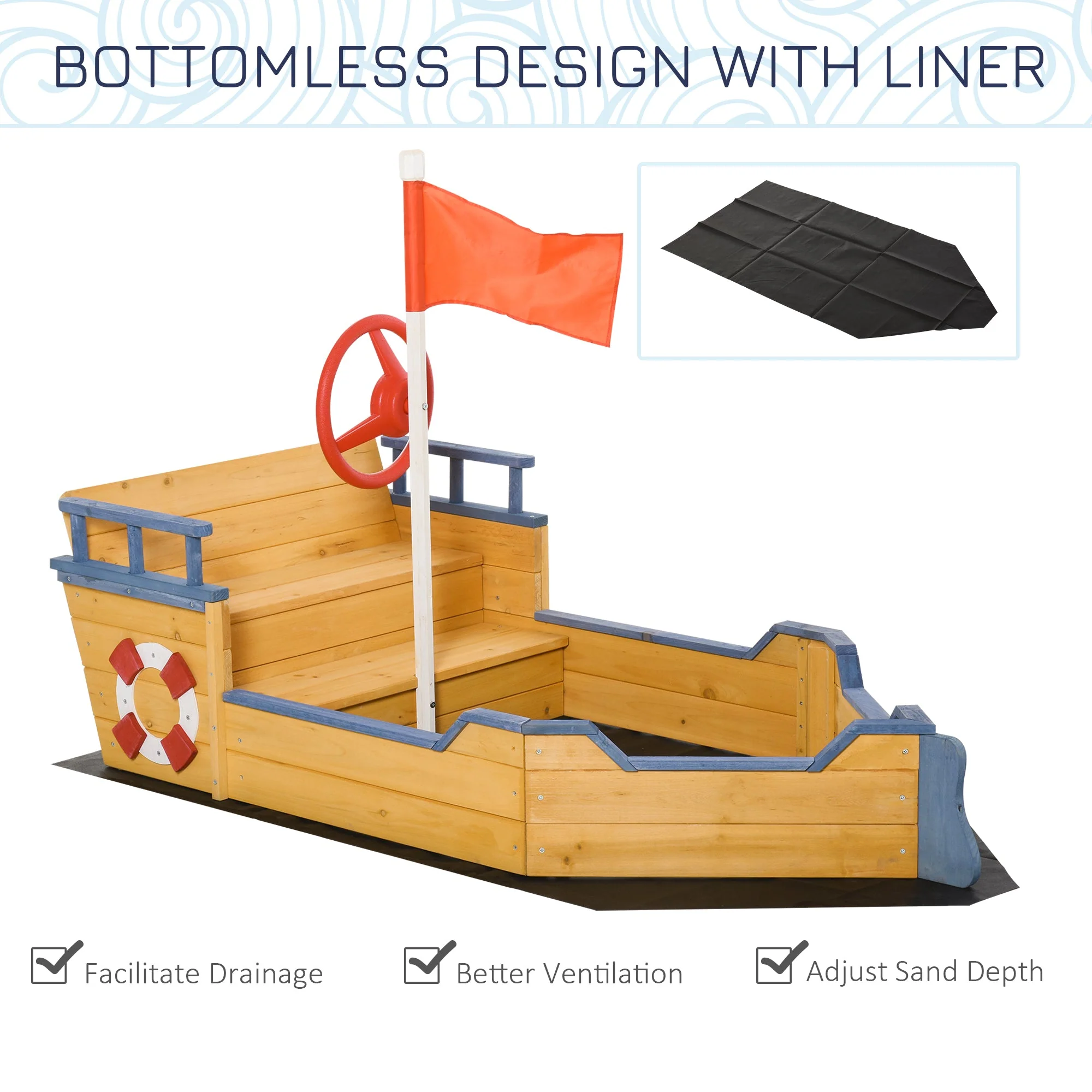 Kids Wooden Sandbox Pirate Ship Sandboat w/ Bench Seat Storage Space Cedar Wood - Image 5