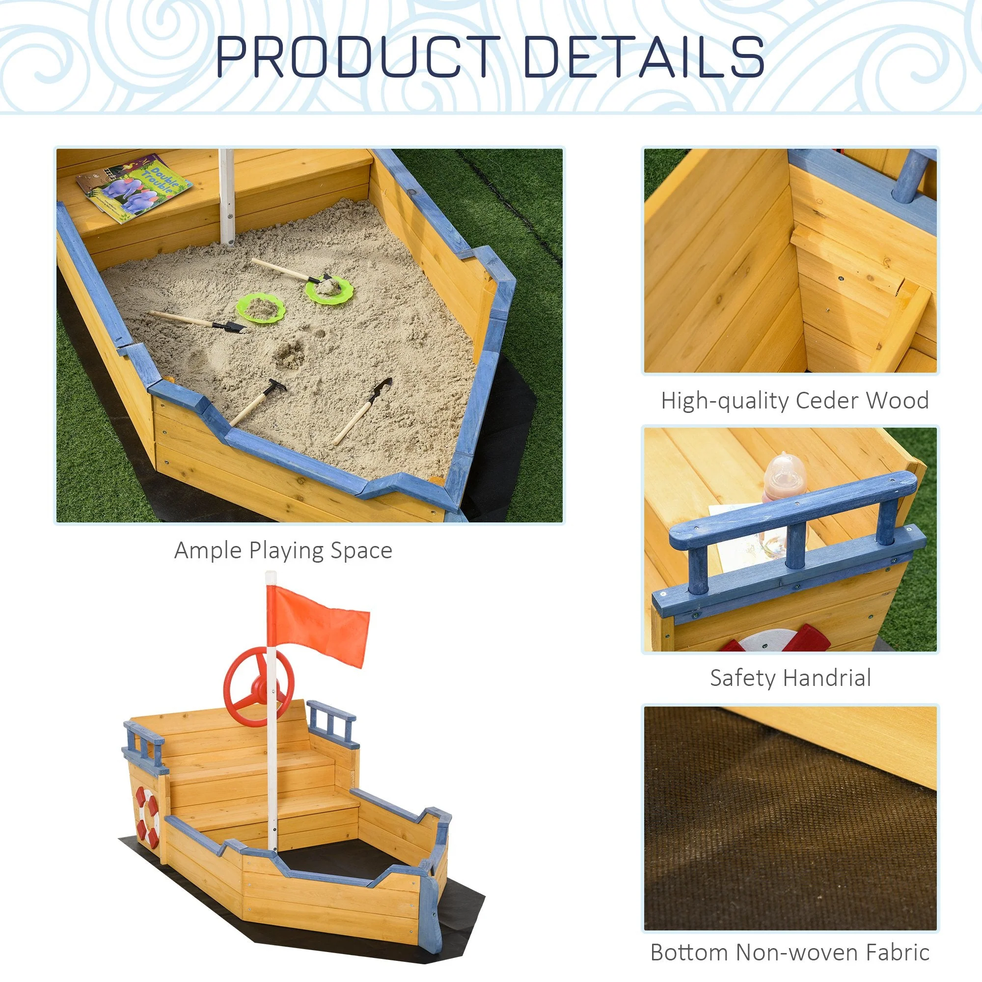 Kids Wooden Sandbox Pirate Ship Sandboat w/ Bench Seat Storage Space Cedar Wood - Image 6