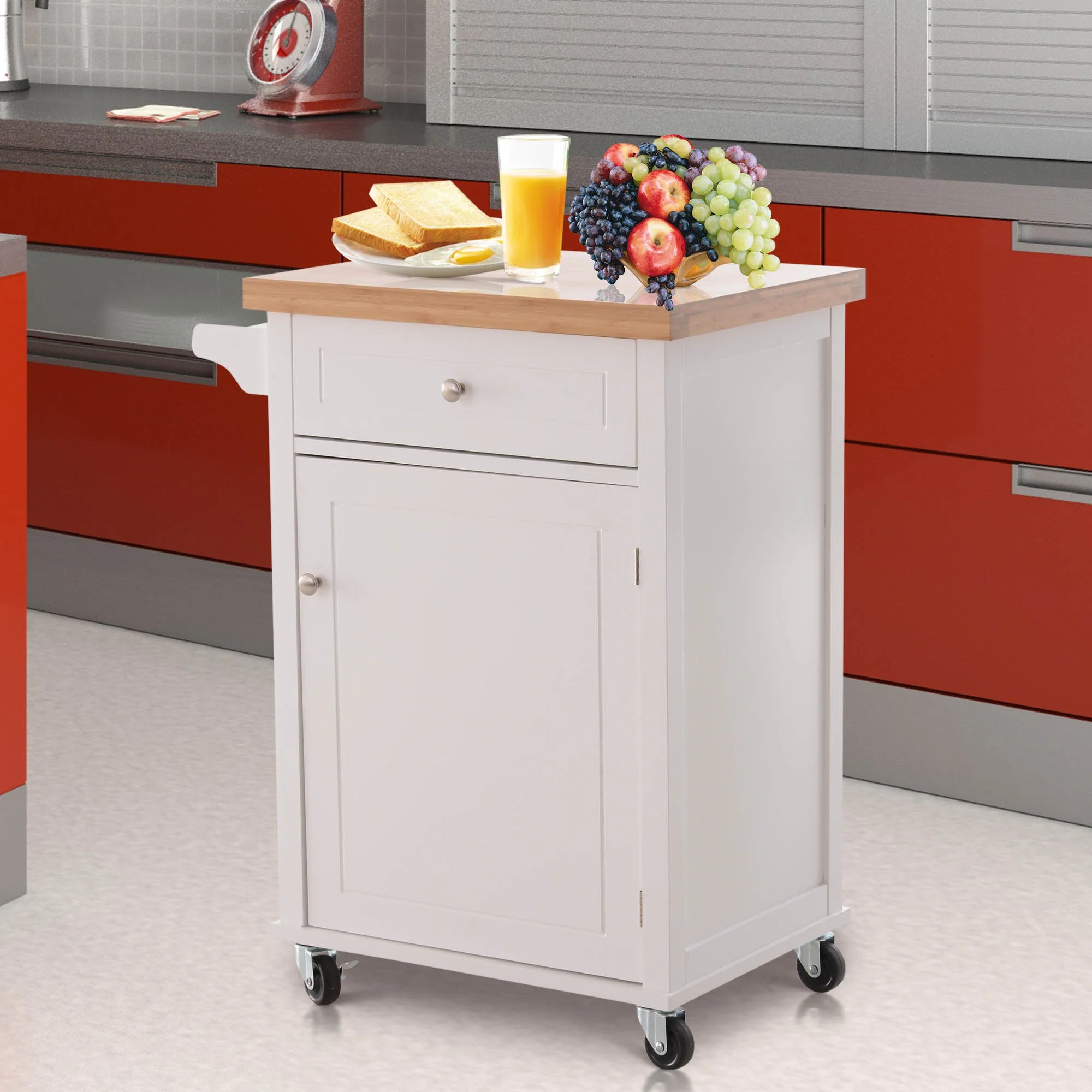 Kitchen Cart Storage Trolley Wooden Cabinet with Drawer Cupboard Towel Rail White - Image 2