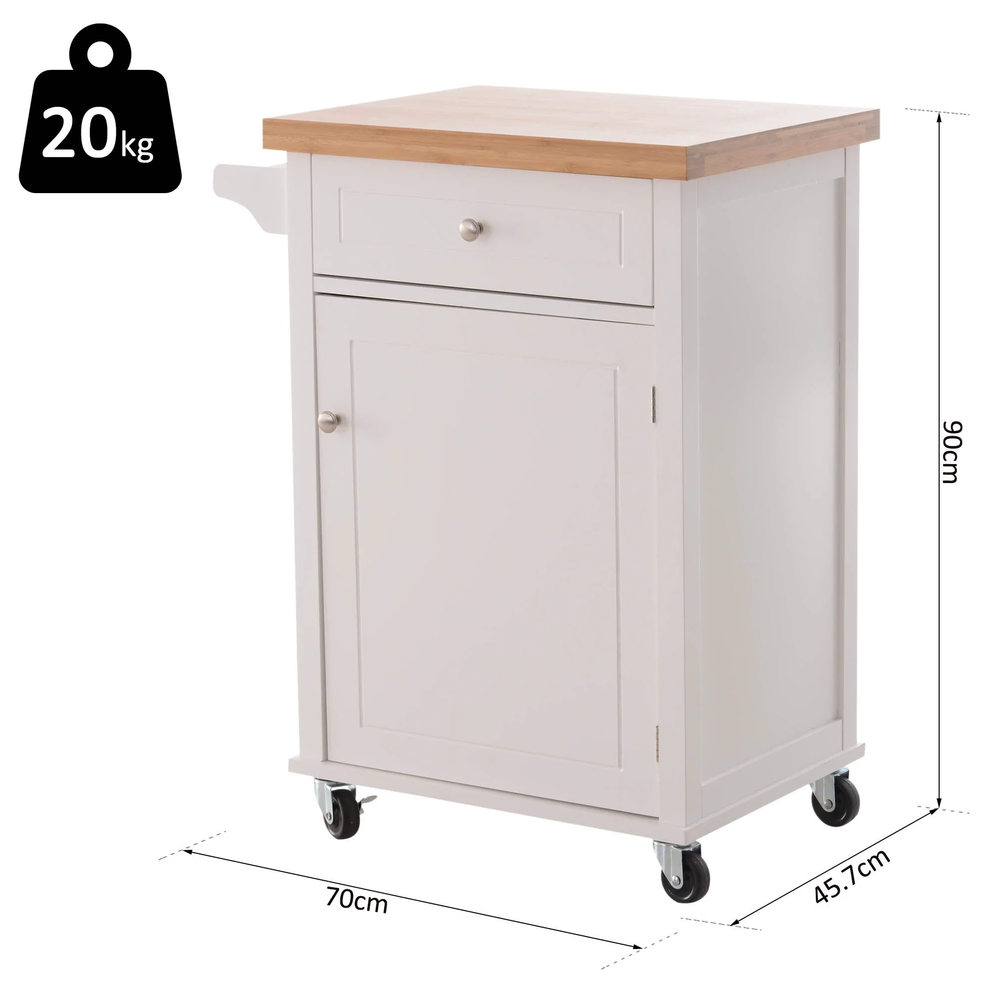 Kitchen Cart Storage Trolley Wooden Cabinet with Drawer Cupboard Towel Rail White - Image 3
