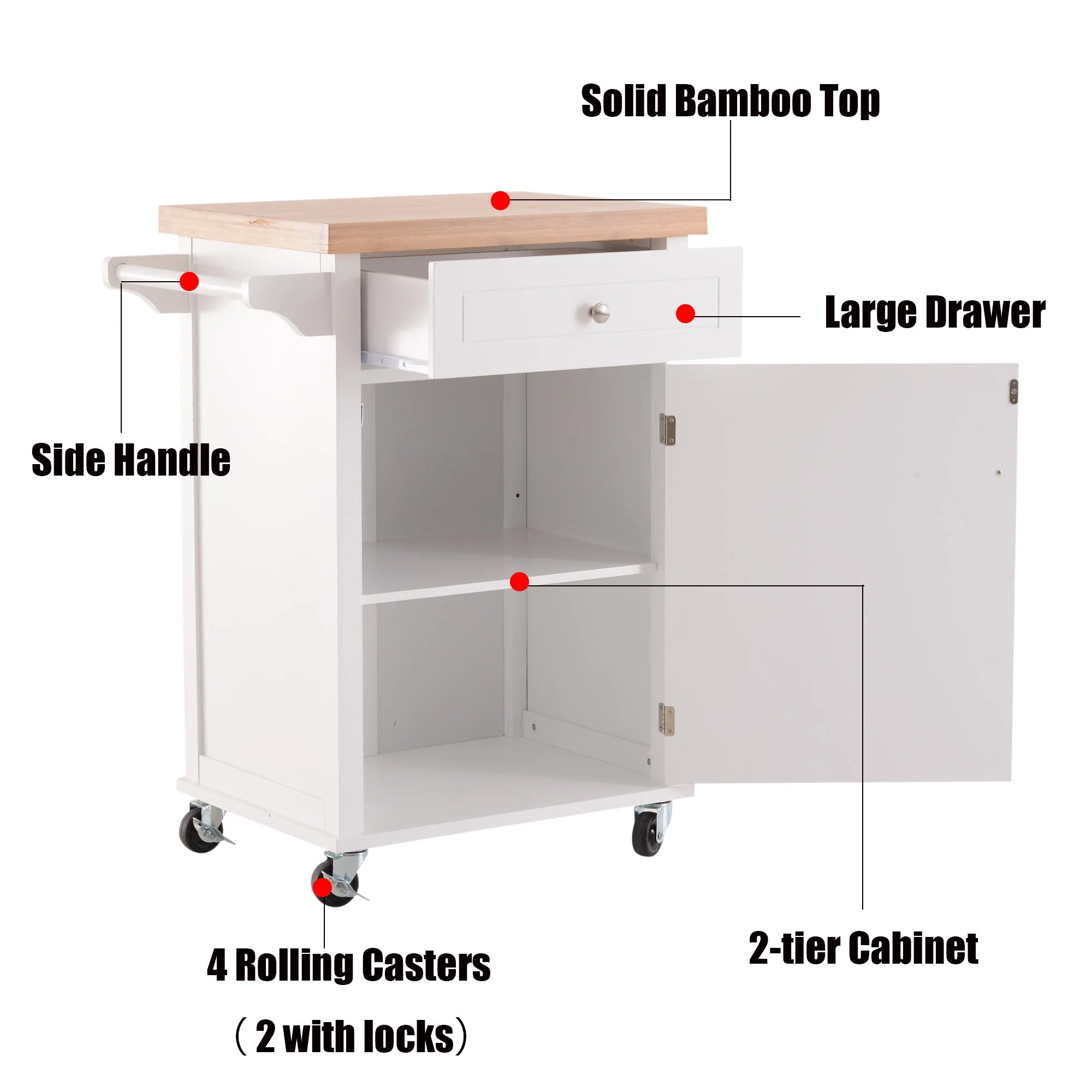 Kitchen Cart Storage Trolley Wooden Cabinet with Drawer Cupboard Towel Rail White - Image 4