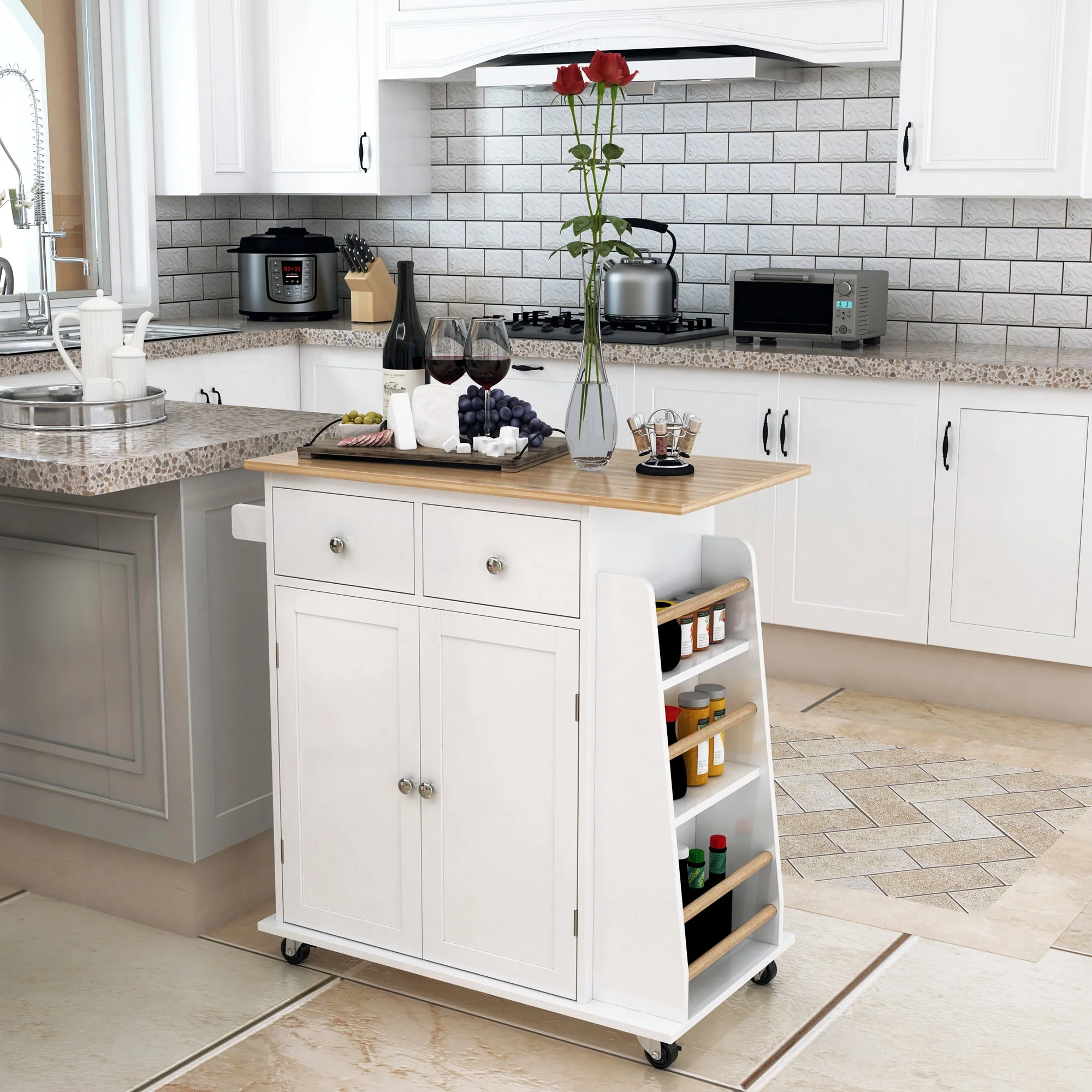 Kitchen Island Storage Cabinet Rolling Trolley with Rubber Wood Top - Image 2