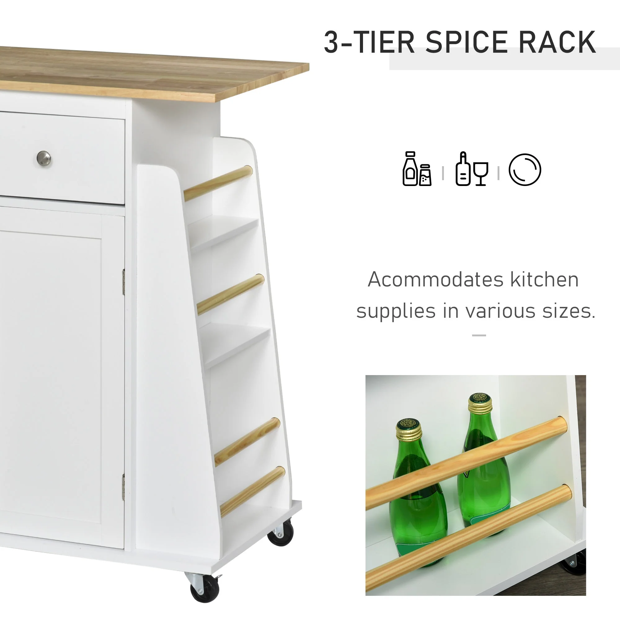Kitchen Island Storage Cabinet Rolling Trolley with Rubber Wood Top - Image 4