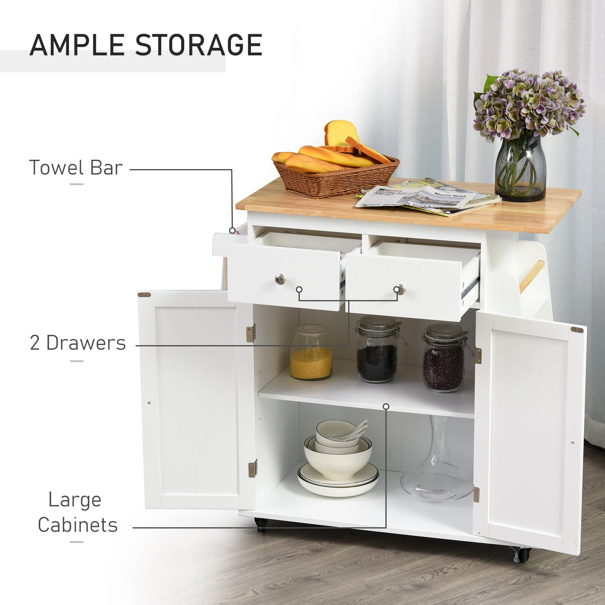 Kitchen Island Storage Cabinet Rolling Trolley with Rubber Wood Top - Image 5