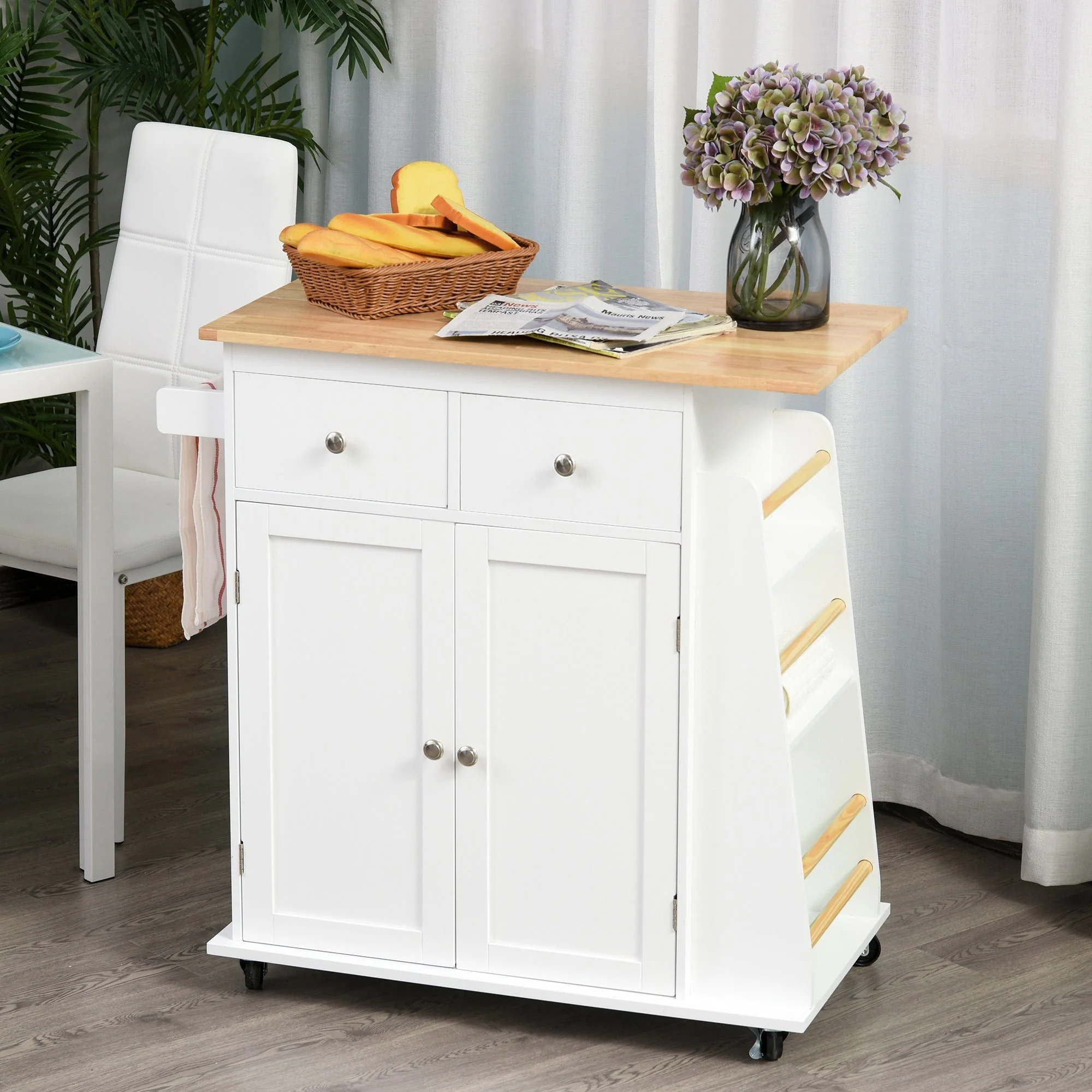 Kitchen Island Storage Cabinet Rolling Trolley with Rubber Wood Top - Image 9