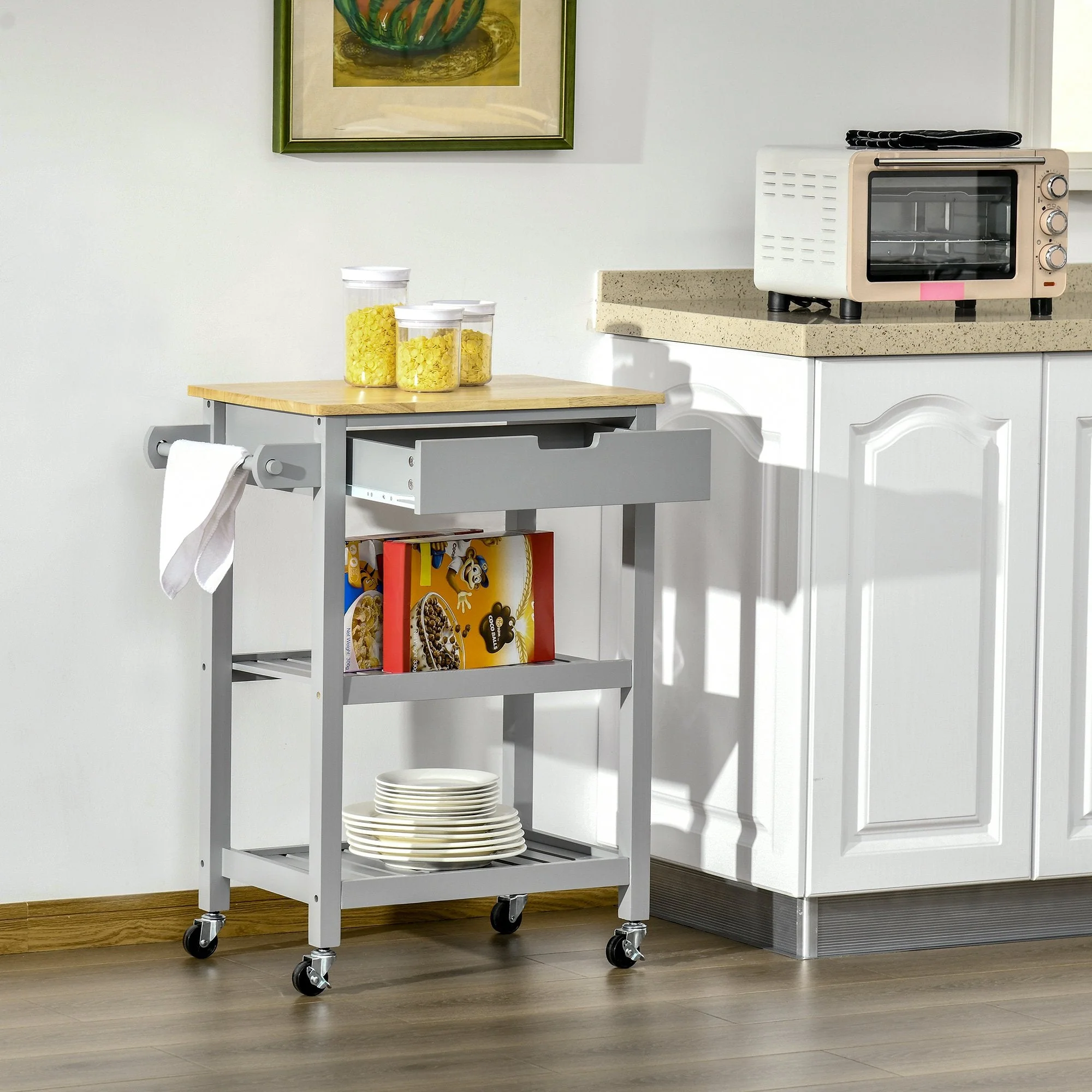 Kitchen Trolley Utility Cart on Wheels with Rubberwood Worktop - Image 2