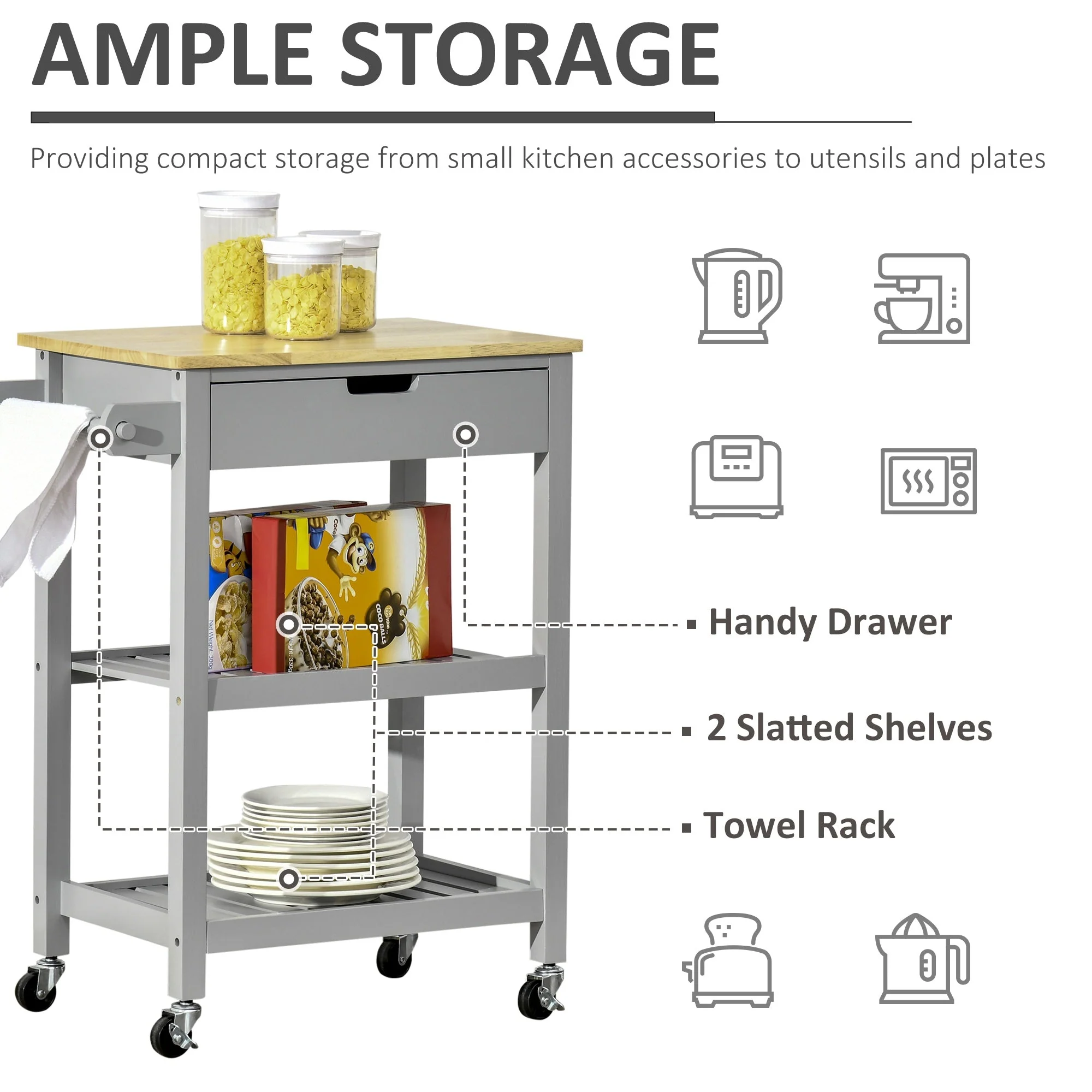 Kitchen Trolley Utility Cart on Wheels with Rubberwood Worktop - Image 4