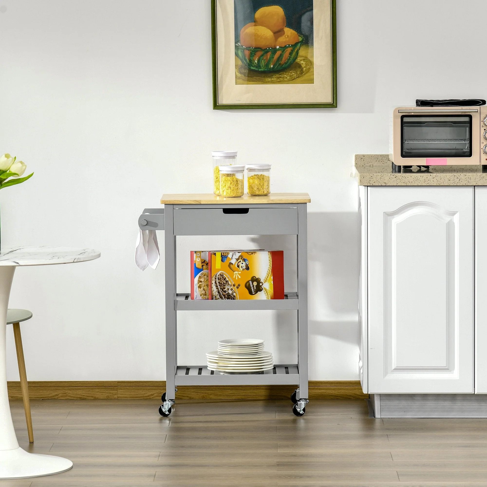Kitchen Trolley Utility Cart on Wheels with Rubberwood Worktop - Image 8