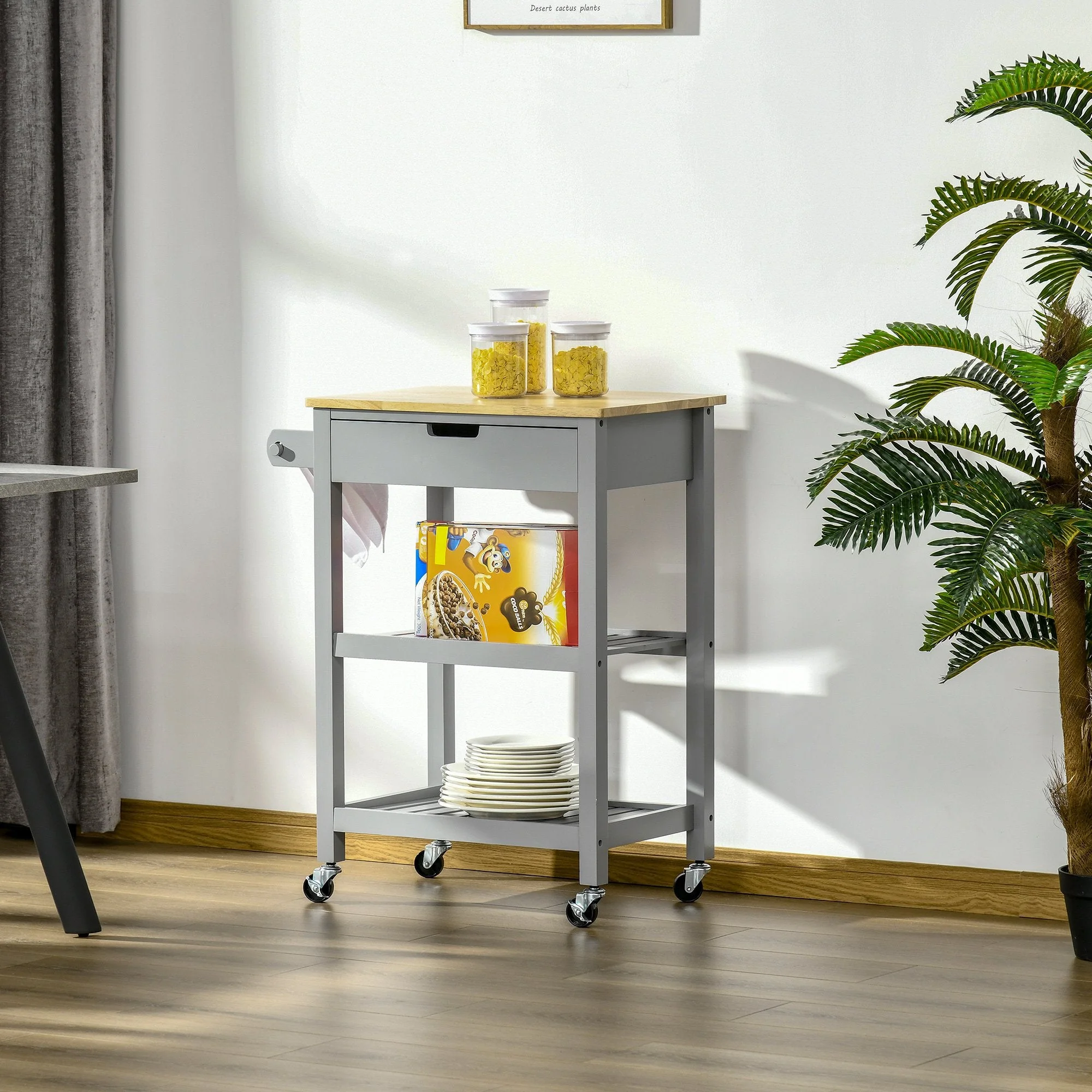 Kitchen Trolley Utility Cart on Wheels with Rubberwood Worktop - Image 9