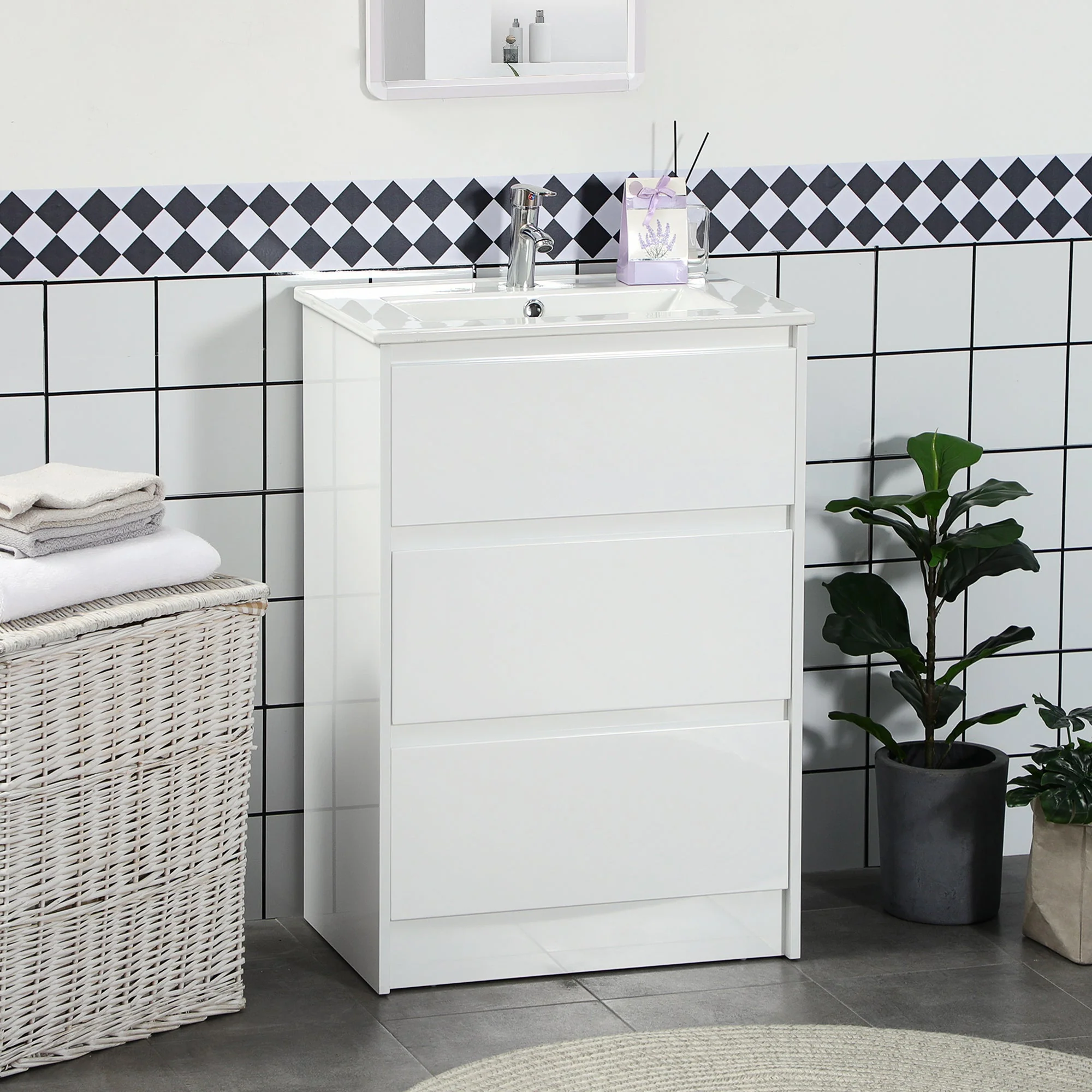 kleankin 600mm Bathroom Vanity Unit with Basin and Single Tap Hole - Image 2