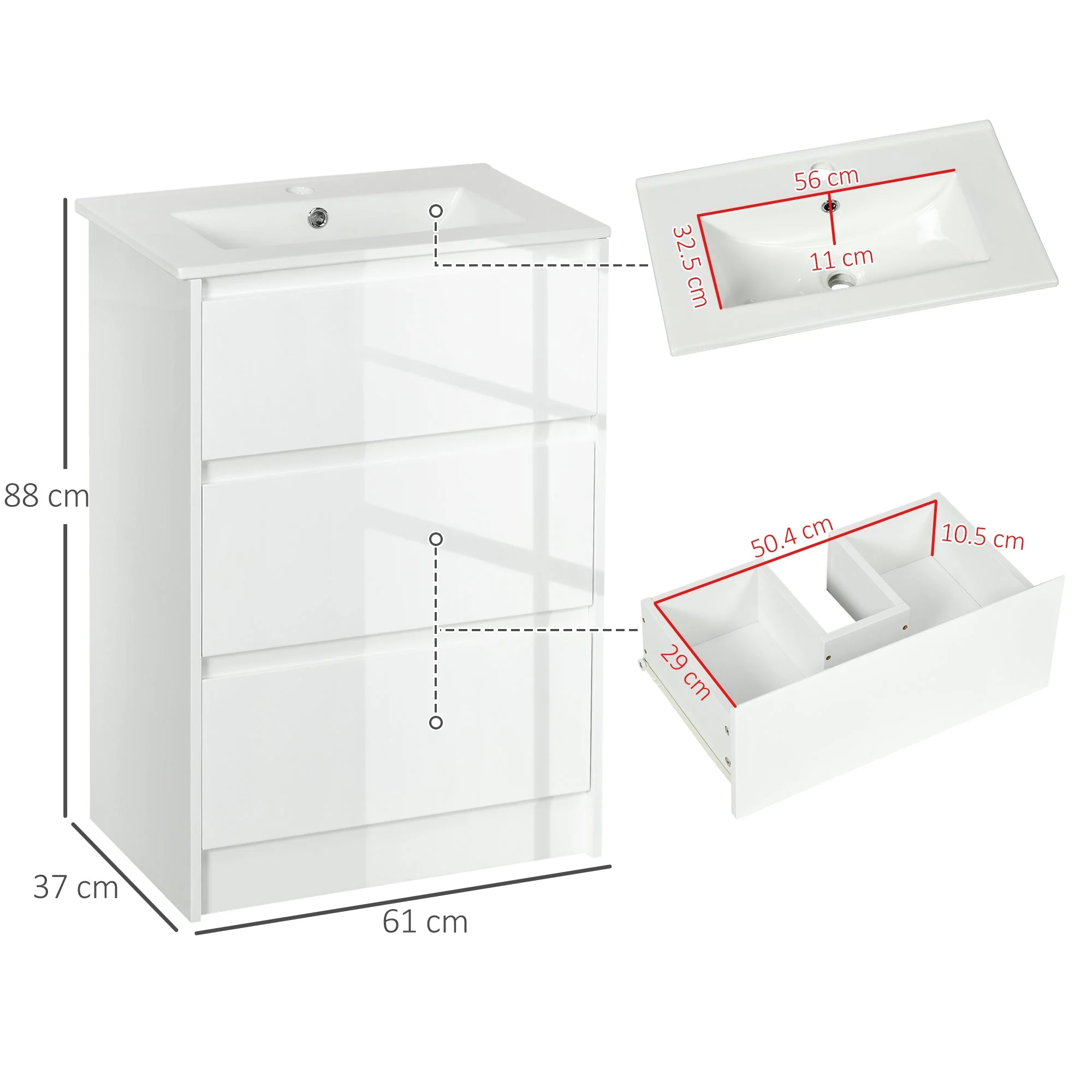 kleankin 600mm Bathroom Vanity Unit with Basin and Single Tap Hole - Image 3