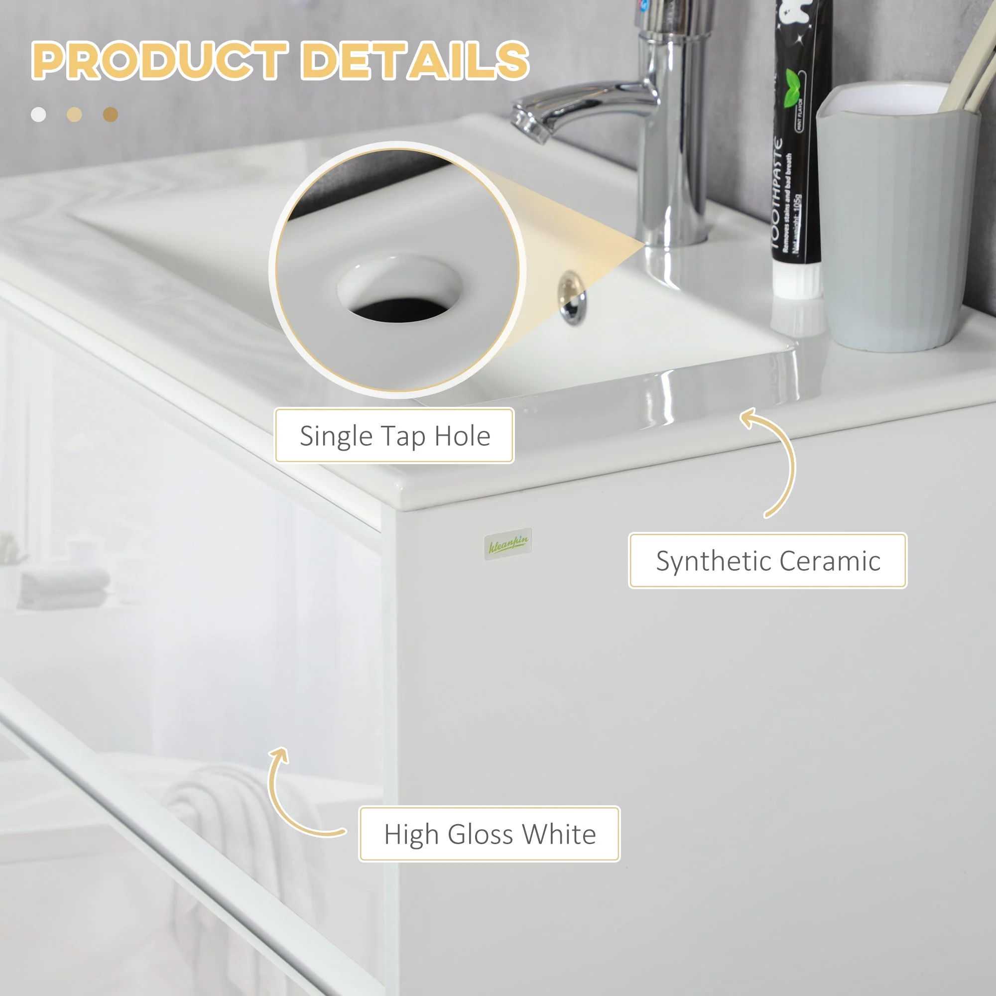 kleankin 600mm Bathroom Vanity Unit with Basin and Single Tap Hole - Image 6