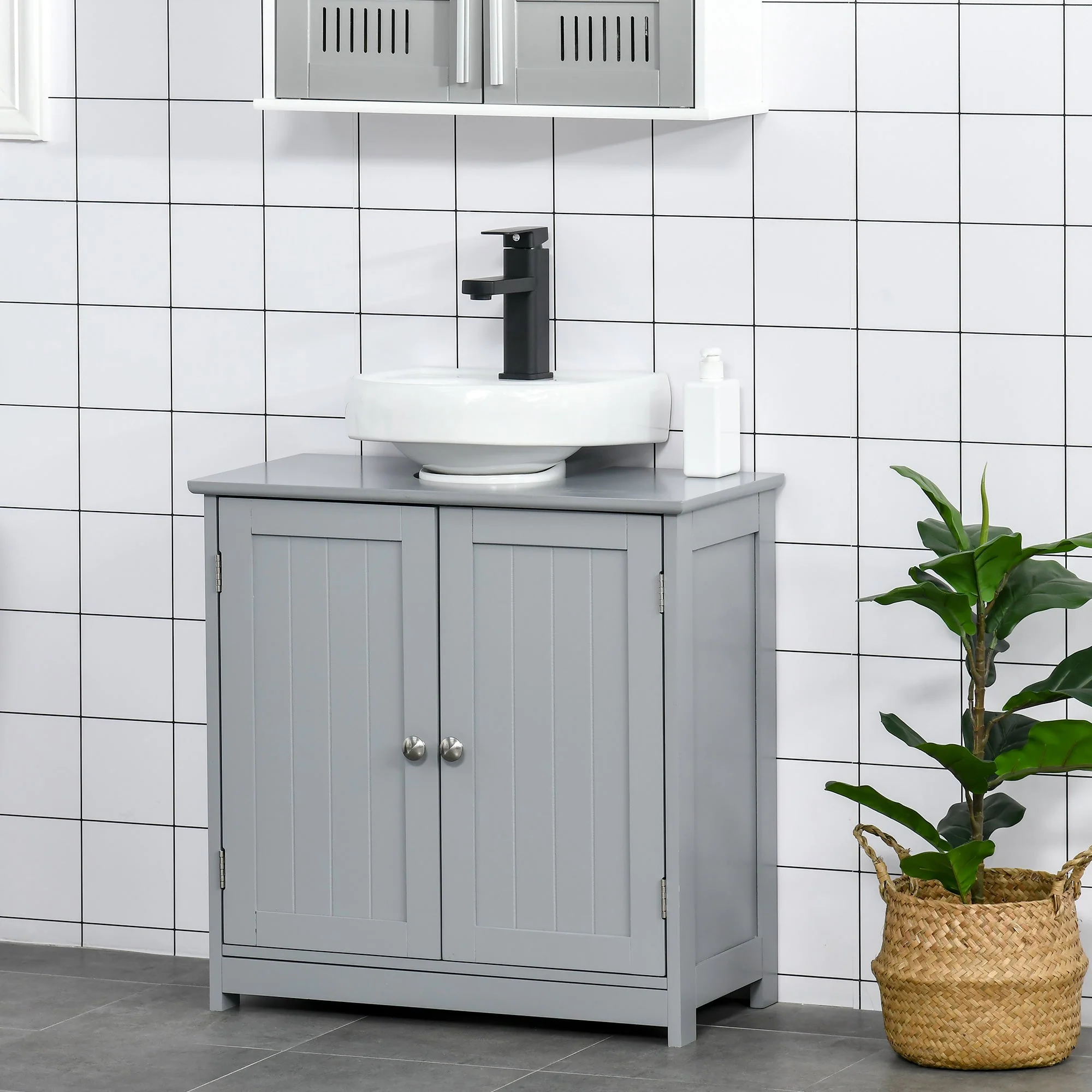 kleankin 60x60cm Under-Sink Storage Cabinet w/ Adjustable Shelf Handles Drain Hole Bathroom Cabinet Space Saver Organizer Grey - Image 2