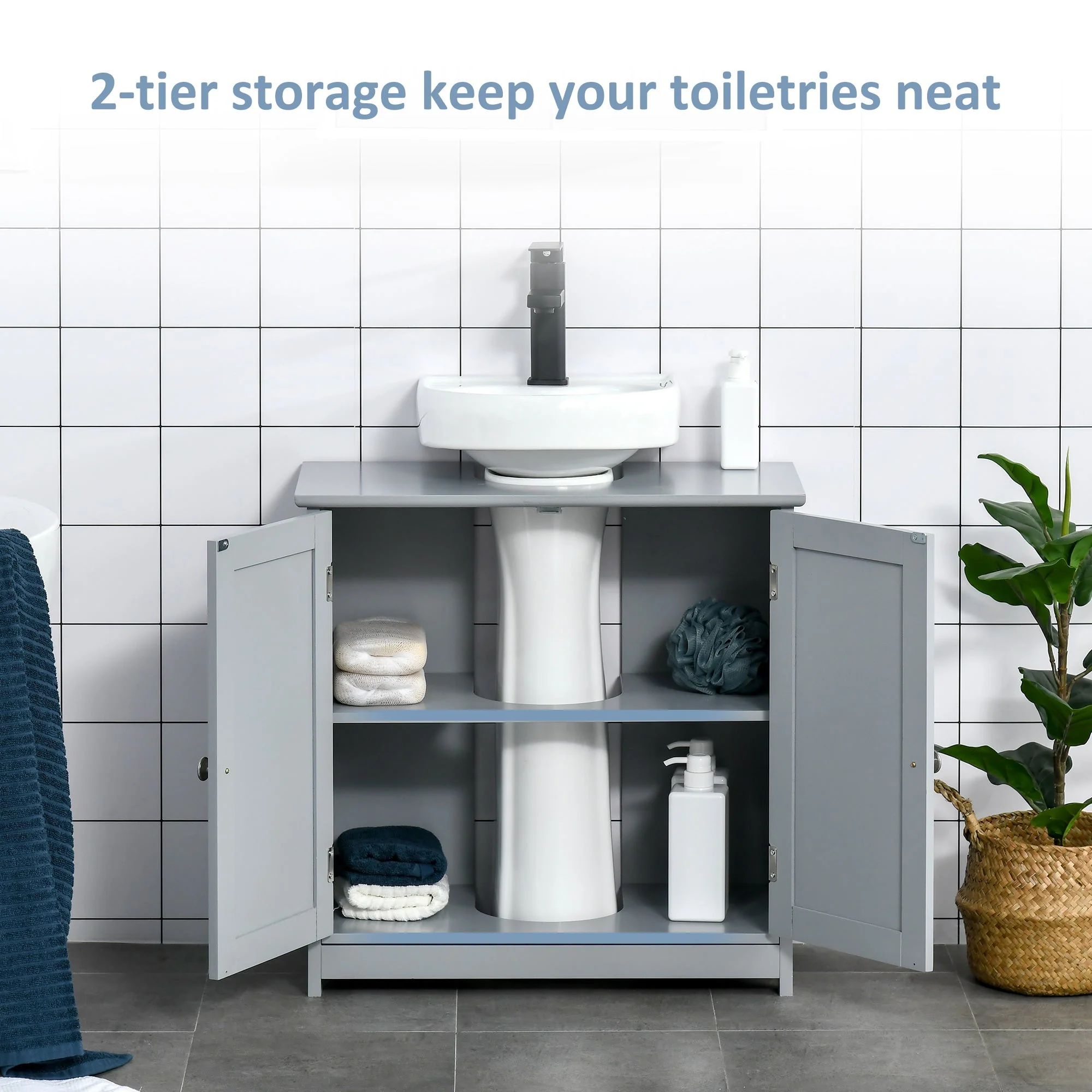 kleankin 60x60cm Under-Sink Storage Cabinet w/ Adjustable Shelf Handles Drain Hole Bathroom Cabinet Space Saver Organizer Grey - Image 5