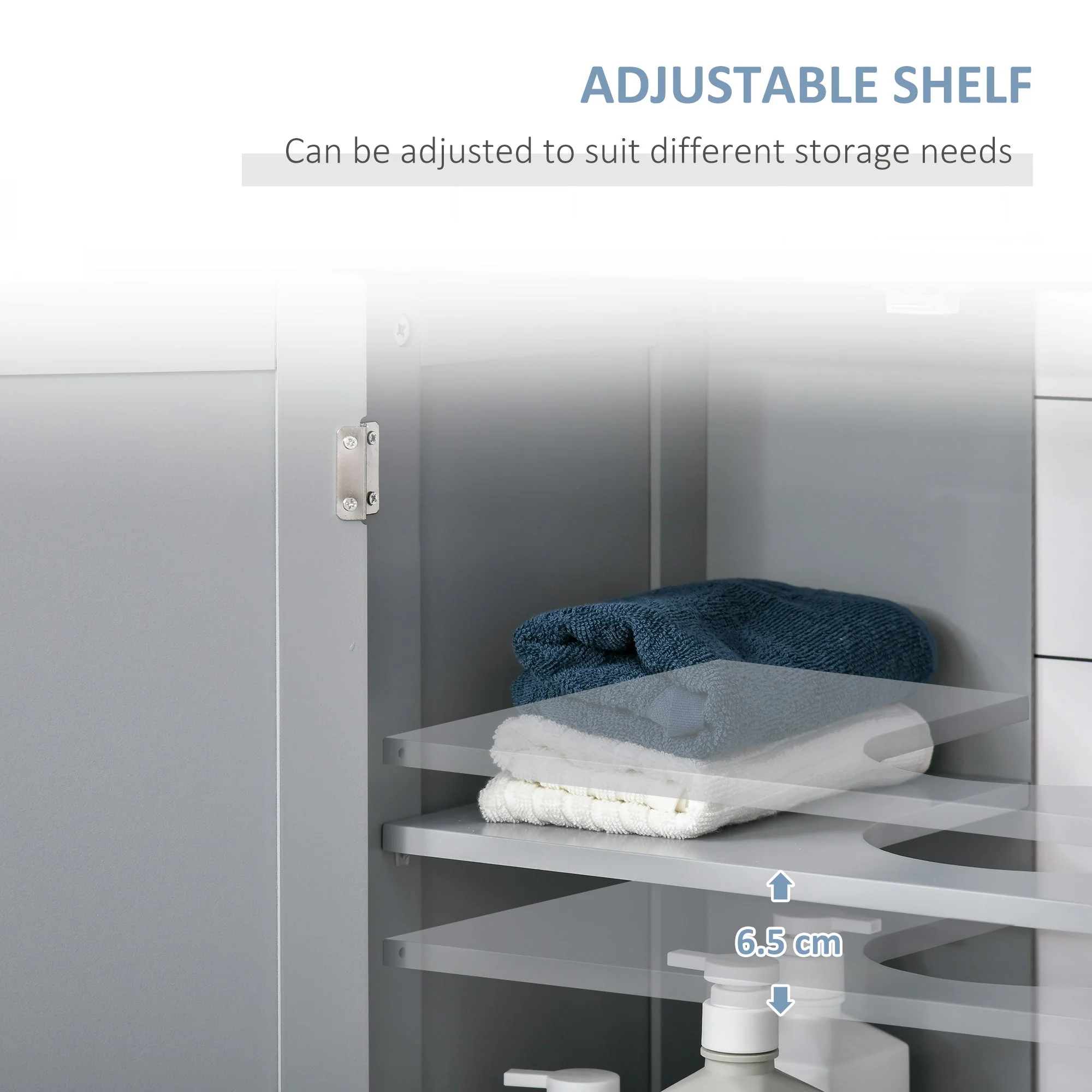 kleankin 60x60cm Under-Sink Storage Cabinet w/ Adjustable Shelf Handles Drain Hole Bathroom Cabinet Space Saver Organizer Grey - Image 6